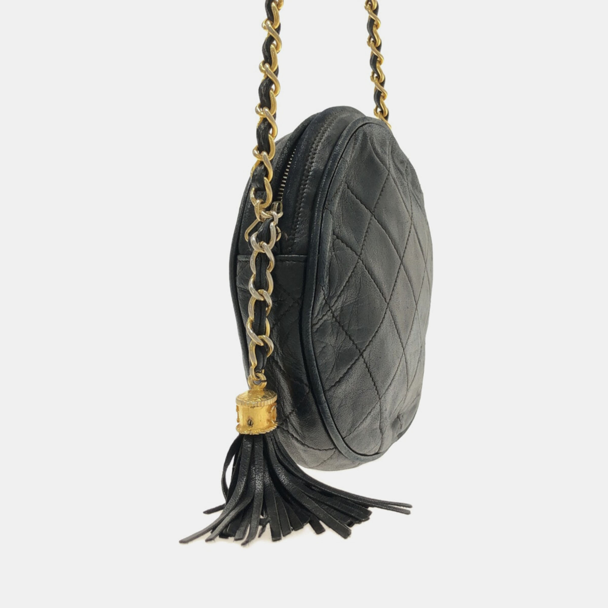 

Chanel Black Leather Tassle Round Bag
