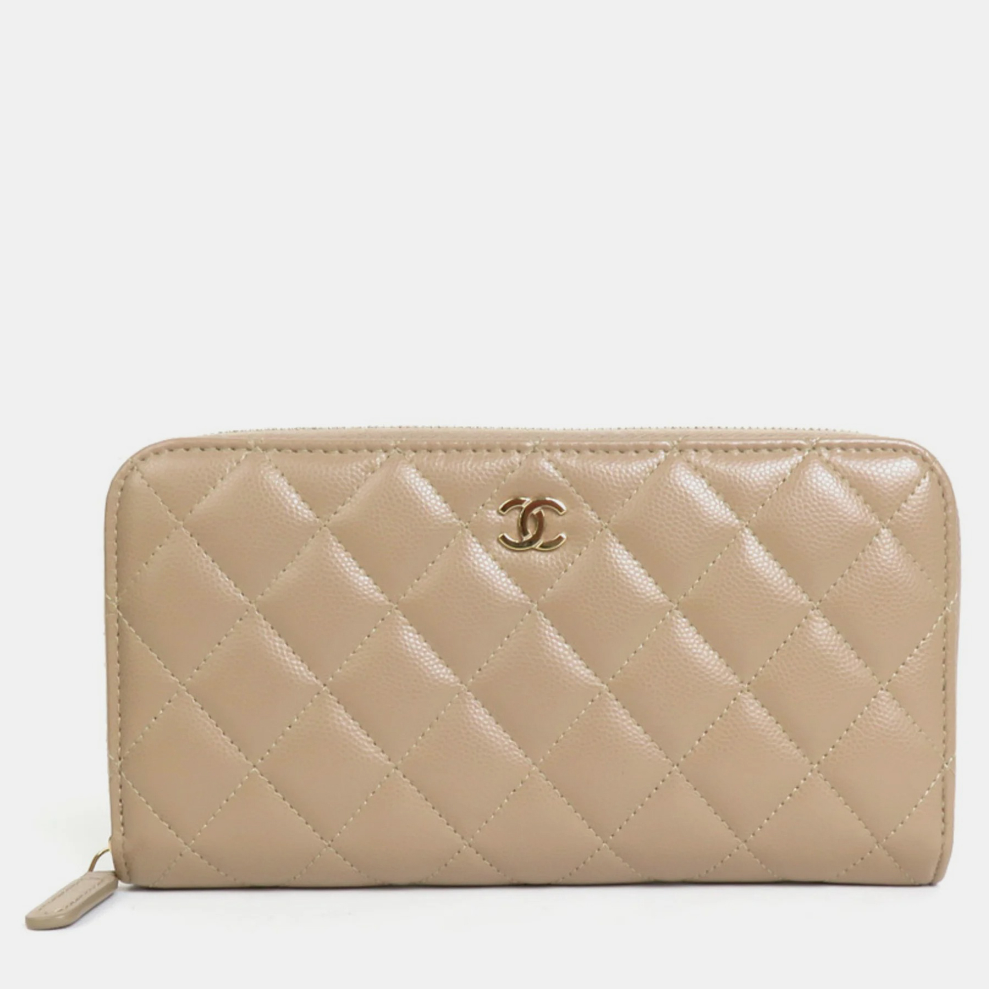 Pre-owned Chanel Beige Quilted Caviar Leather Cc Logo Zip Around Wallet