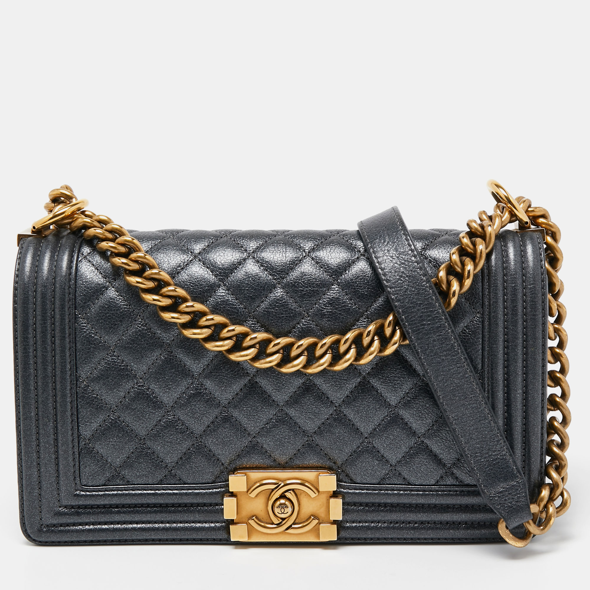 

Chanel Dark Grey Shimmer Leather  Boy Bag