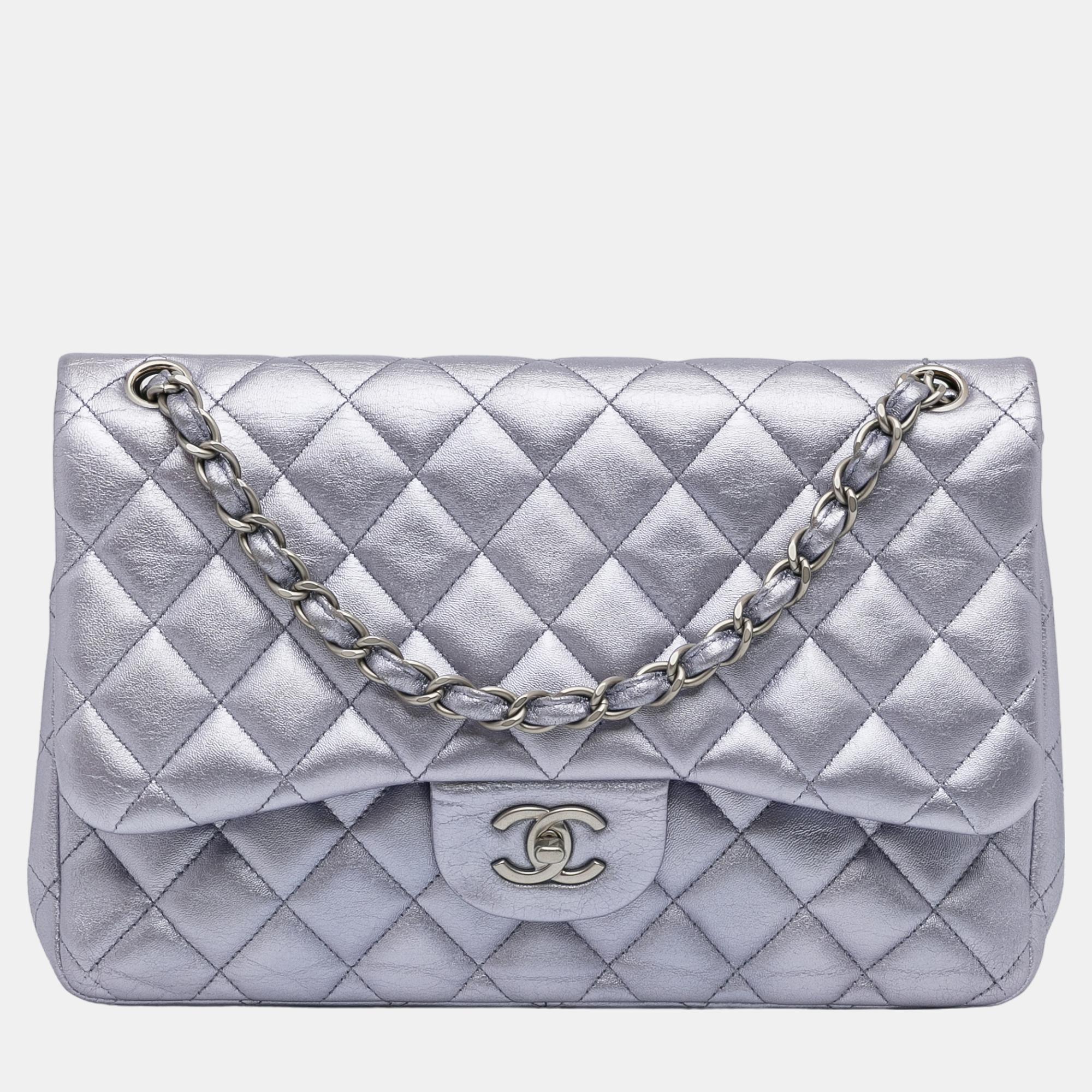 

Chanel Silver Jumbo Classic Metallic Calfskin Double Flap