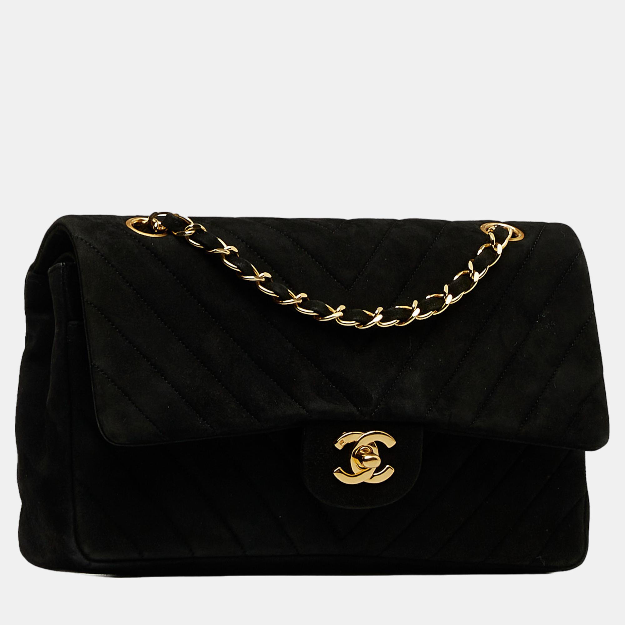 

Chanel Black Medium Chevron Suede Double Flap