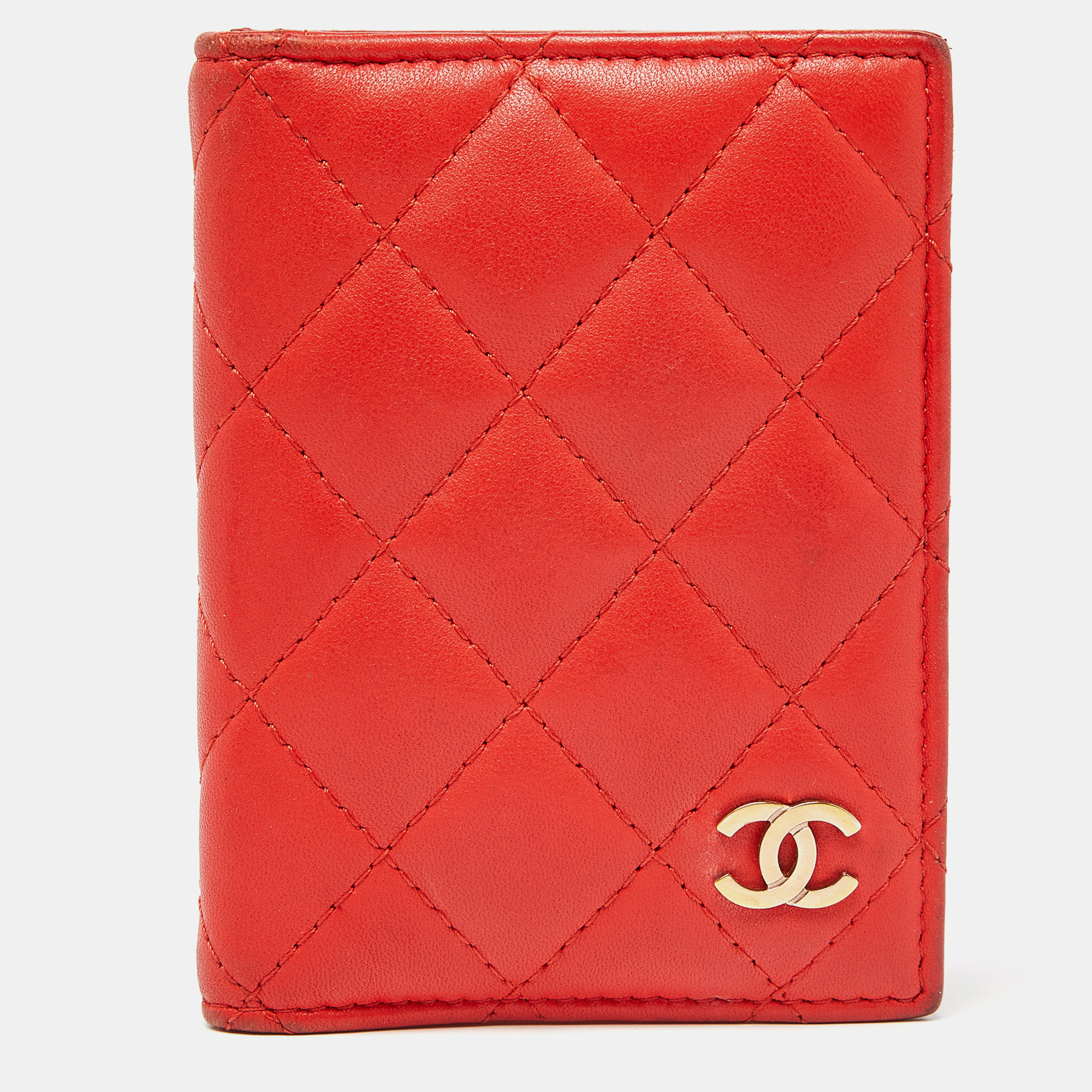 Pre-owned Chanel Orange Quilted Leather Cc Logo Card Case