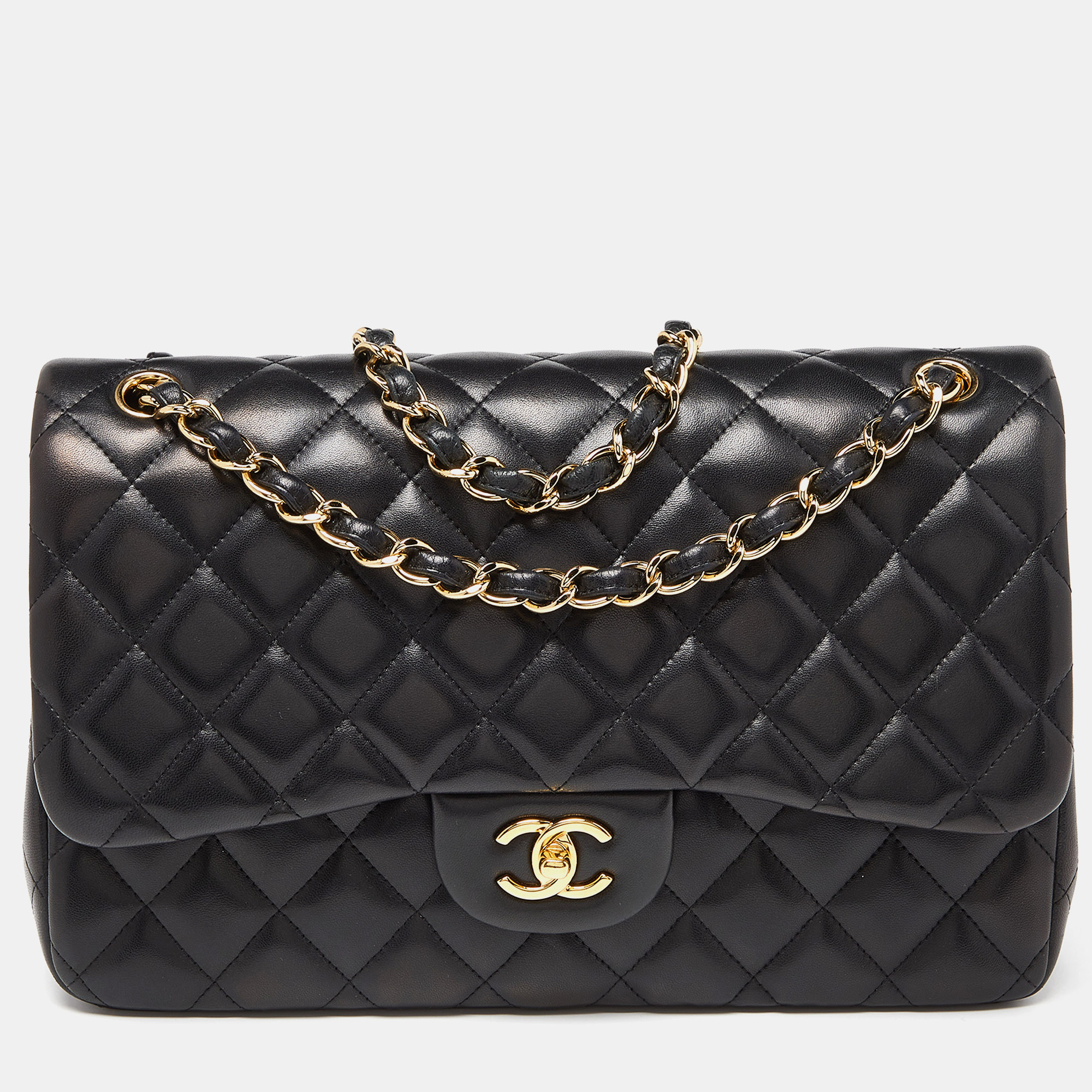 Pre Owned Chanel Black Quilted Leather Jumbo Classic Double Flap Bag
