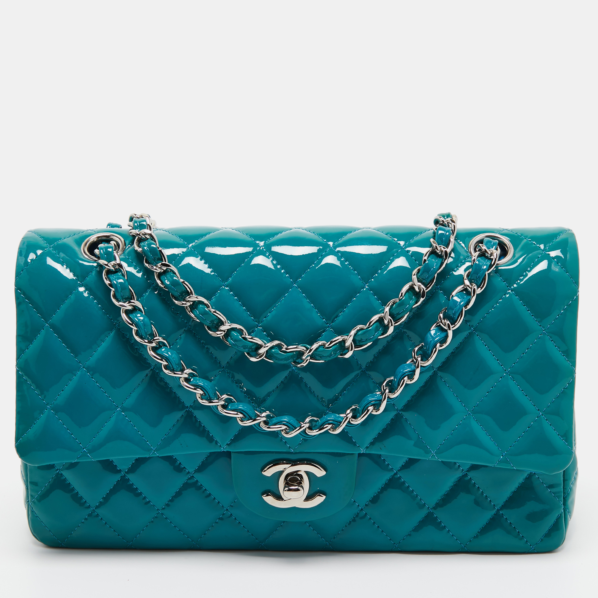 Pre-owned Chanel Teal Blue Quilted Patent Leather Medium Classic Double Flap Bag