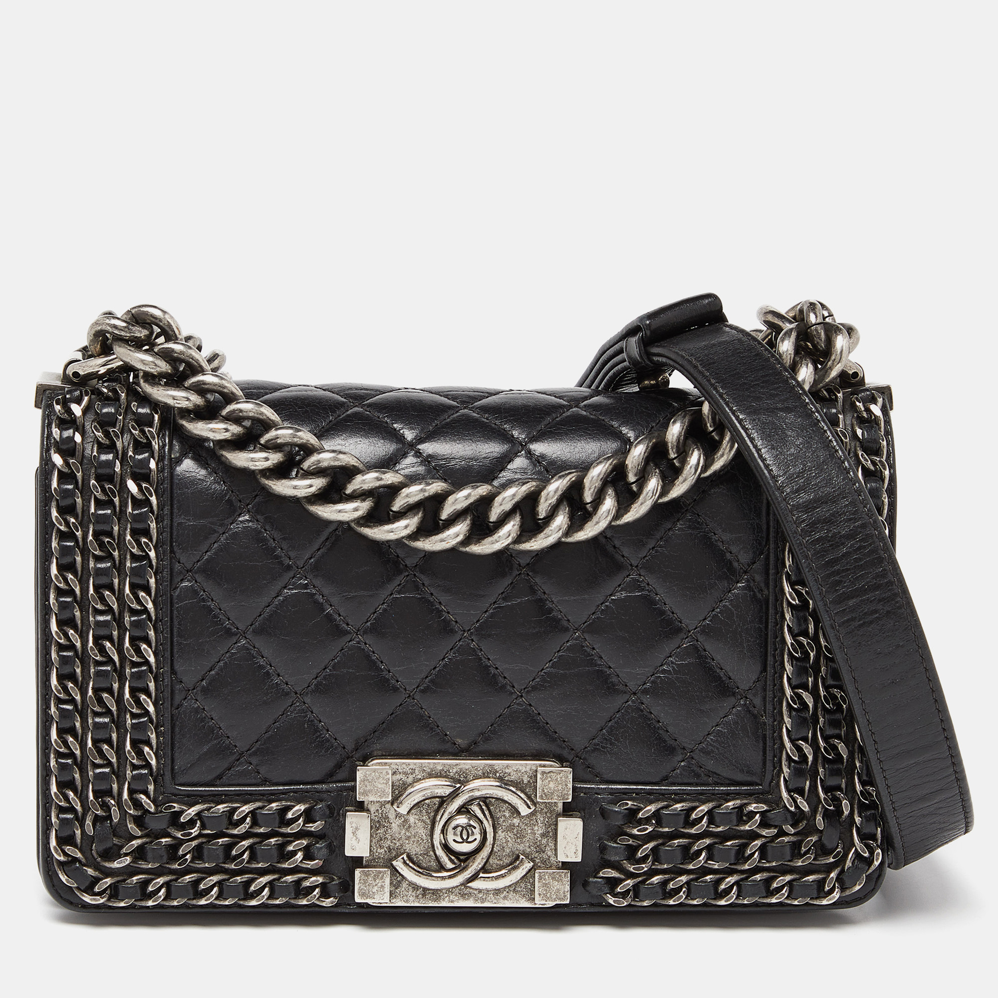 Pre-owned Chanel Black Quilted Leather Small Boy Chained Flap Bag