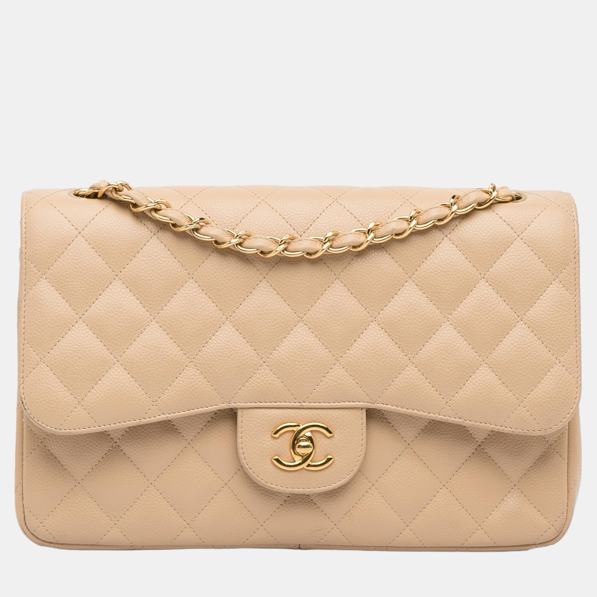 

Chanel Beige/Brown Jumbo Classic Caviar Double Flap Bag