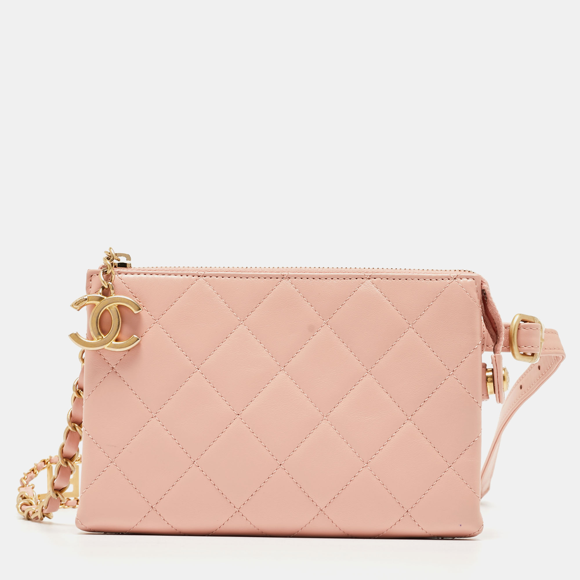 Pre-owned Chanel Light Pink Quilted Leather Logo Strap Belt Bag