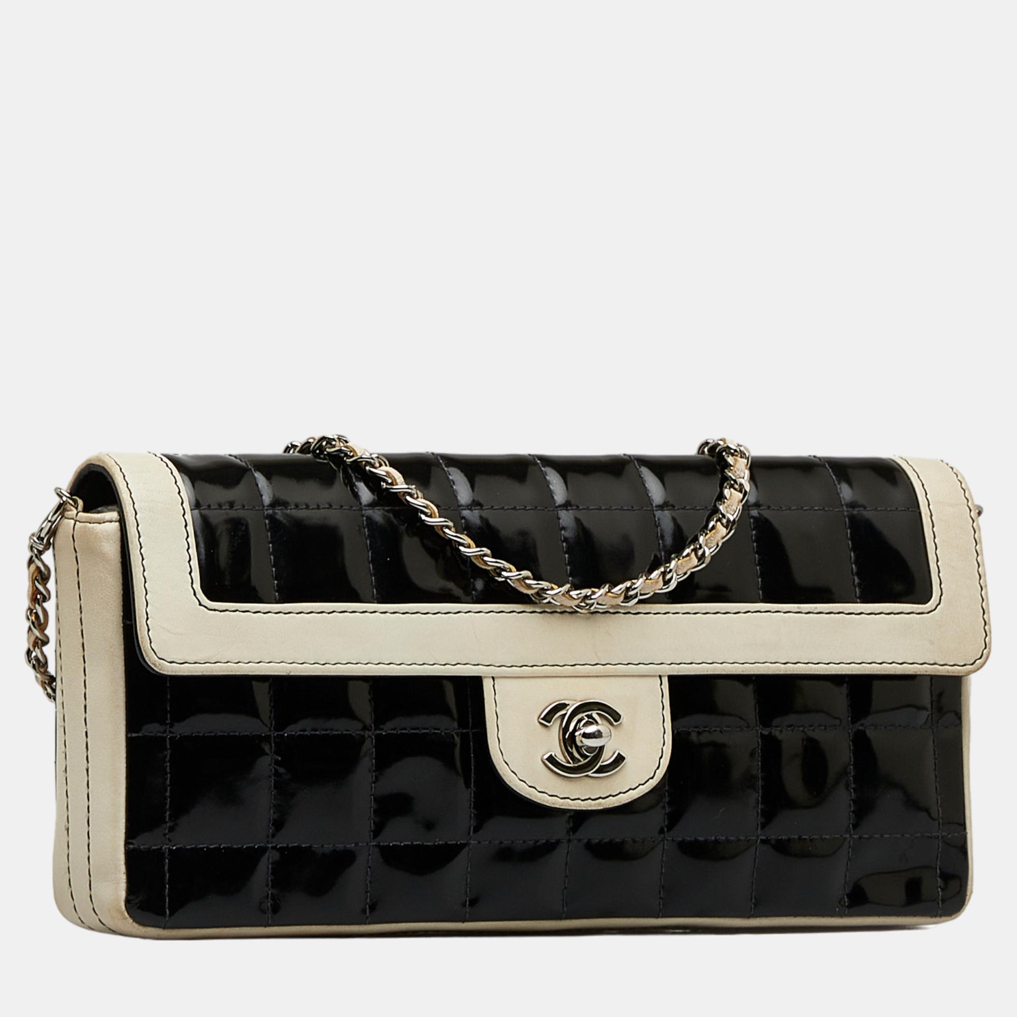 

Chanel Bicolor Patent Chocolate Bar Flap, Black