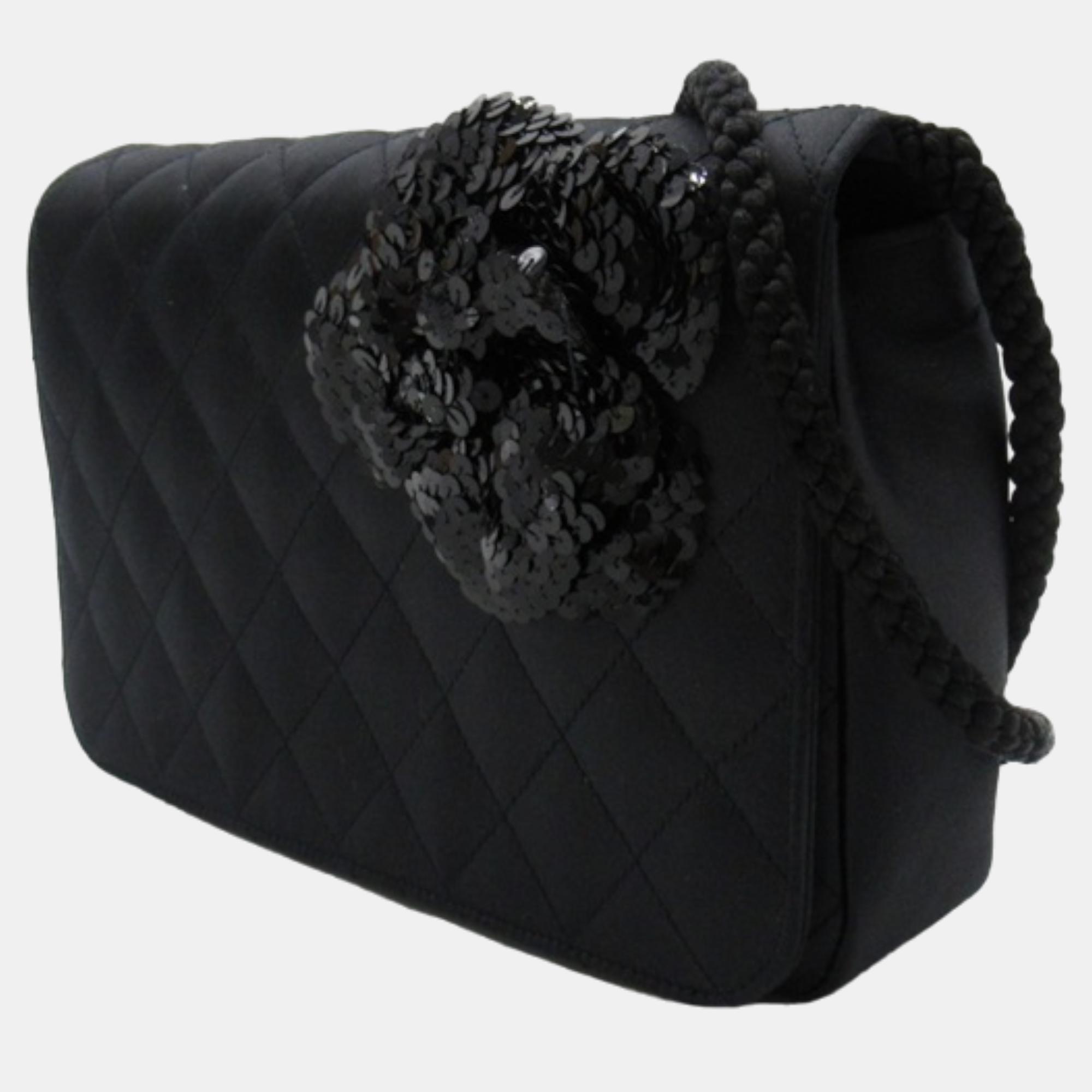 

Chanel Black Canvas Quilted Satin Camellia Flap Bag