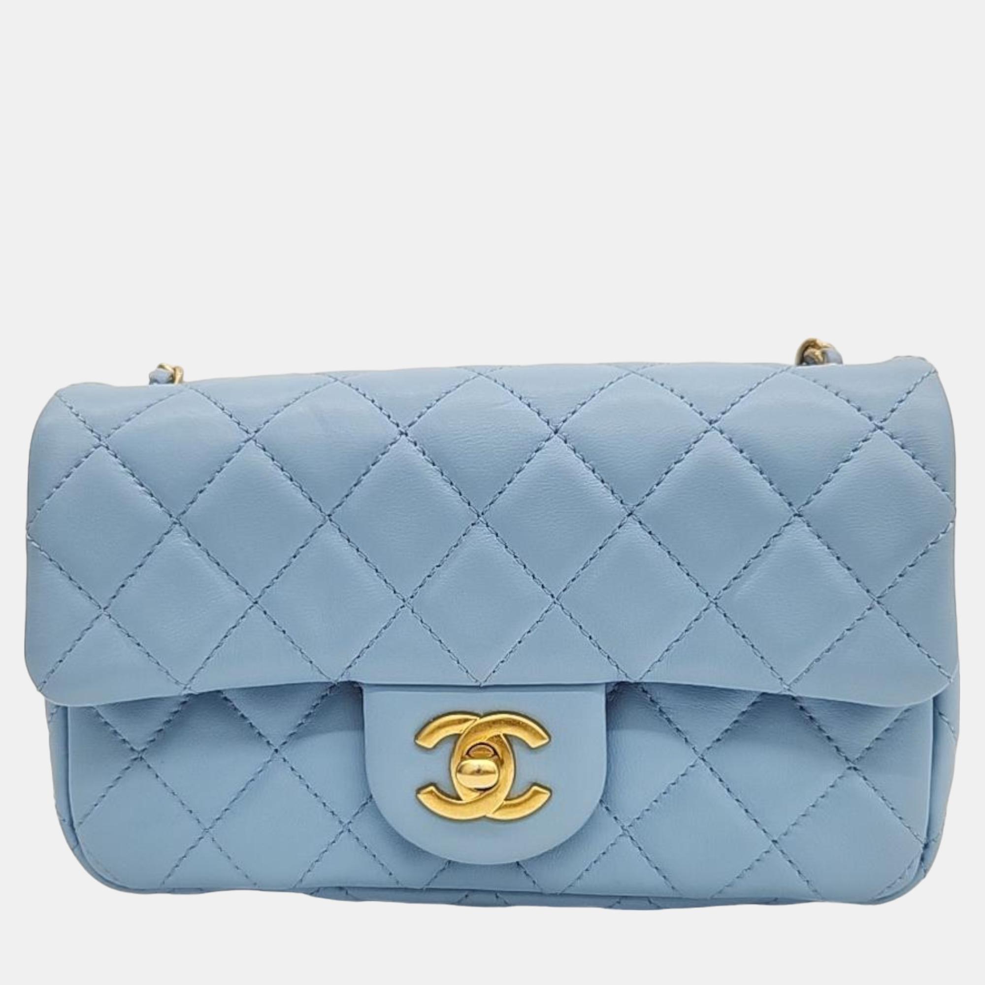 Pre-owned Chanel Lambskin Classic Golden Ball New Mini Crossbody Bag In Blue