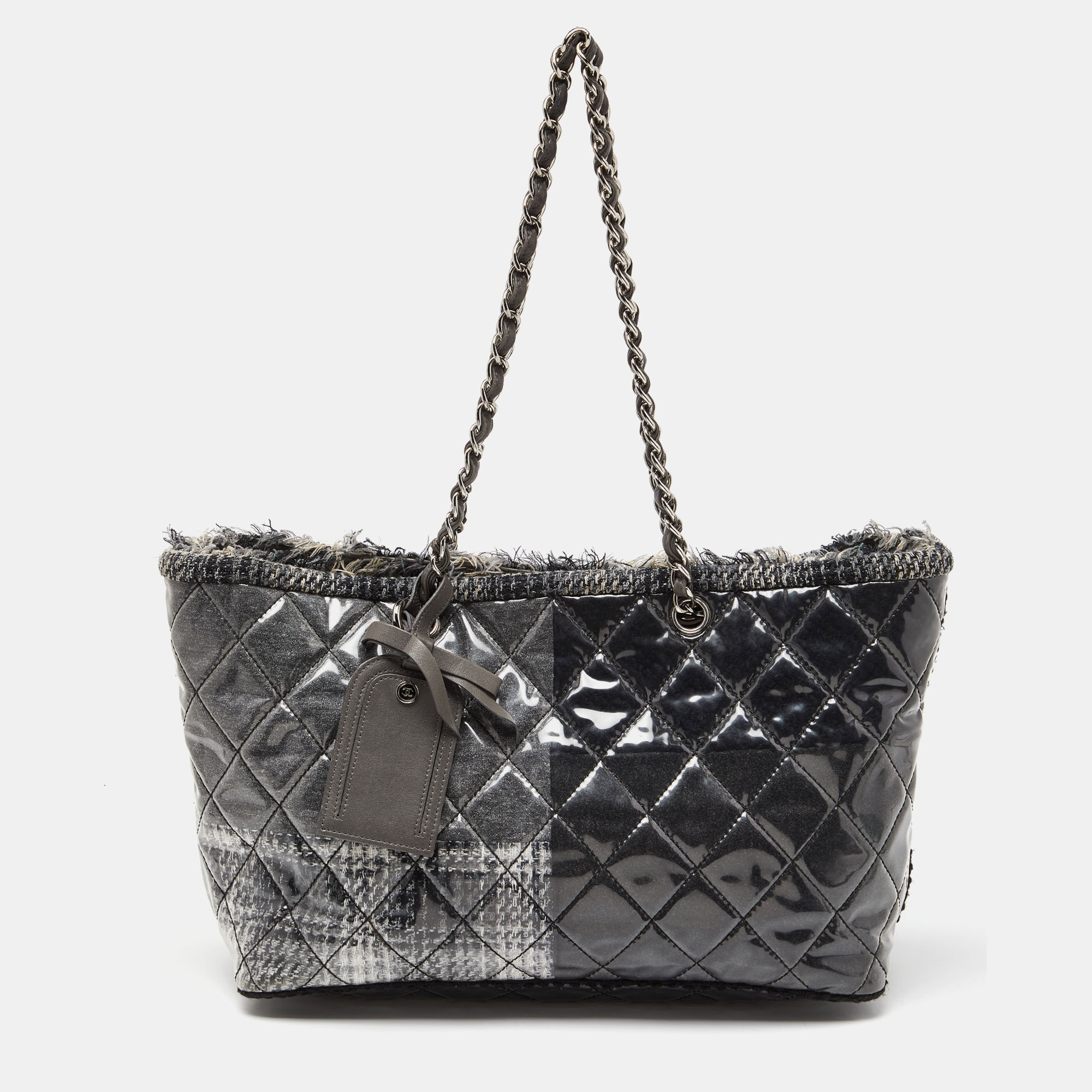 Pre-owned Chanel Grey Quilted Vinyl And Tweed Funny Patchwork Tote