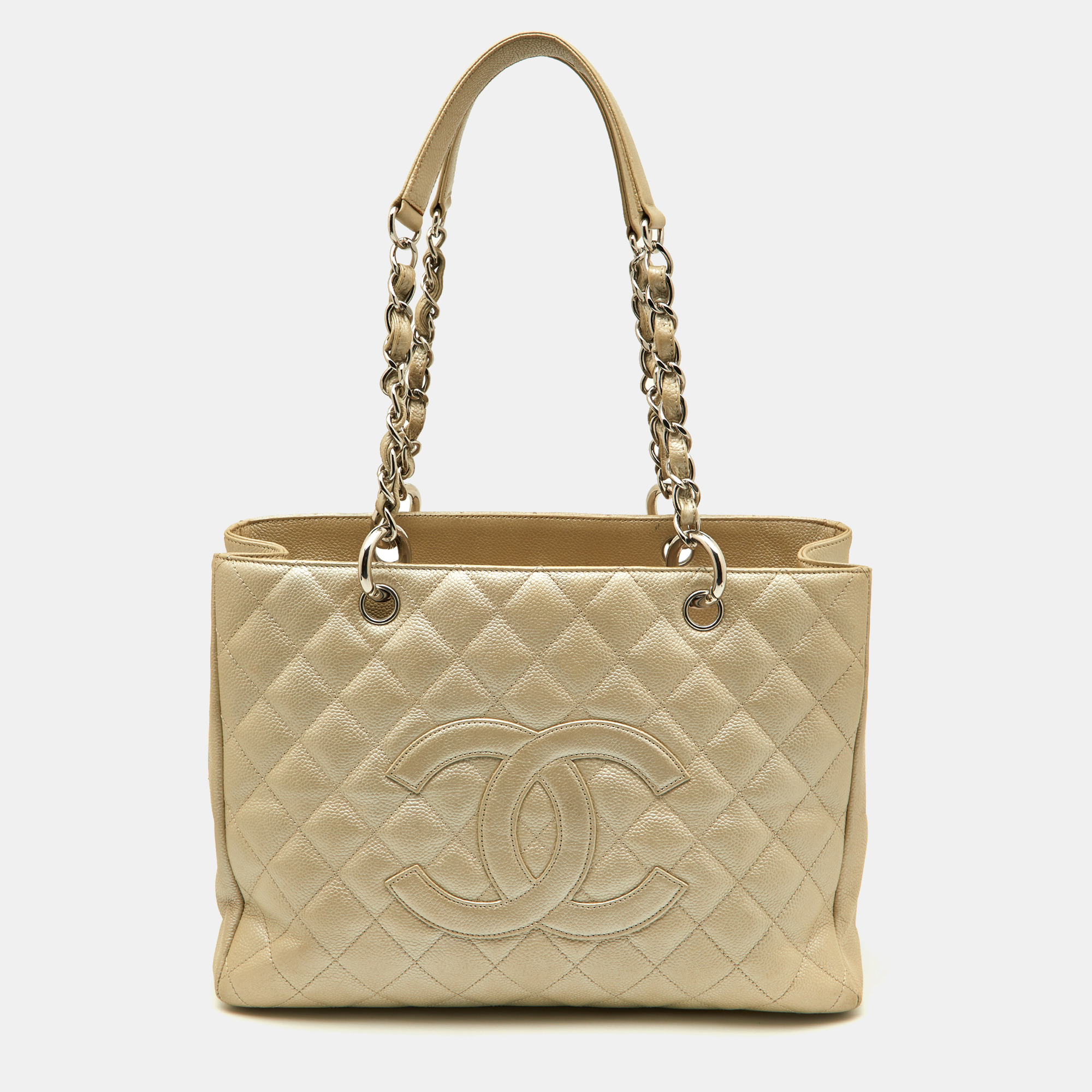 Pre-owned Chanel Pearl White Quilted Caviar Leather Gst Shopper Tote