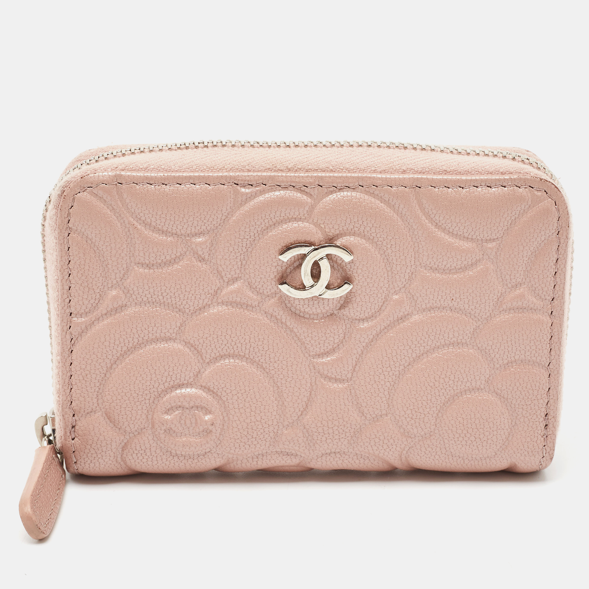 Pre-owned Chanel Pink Camellia Embossed Leather Zip Around Coin Purse
