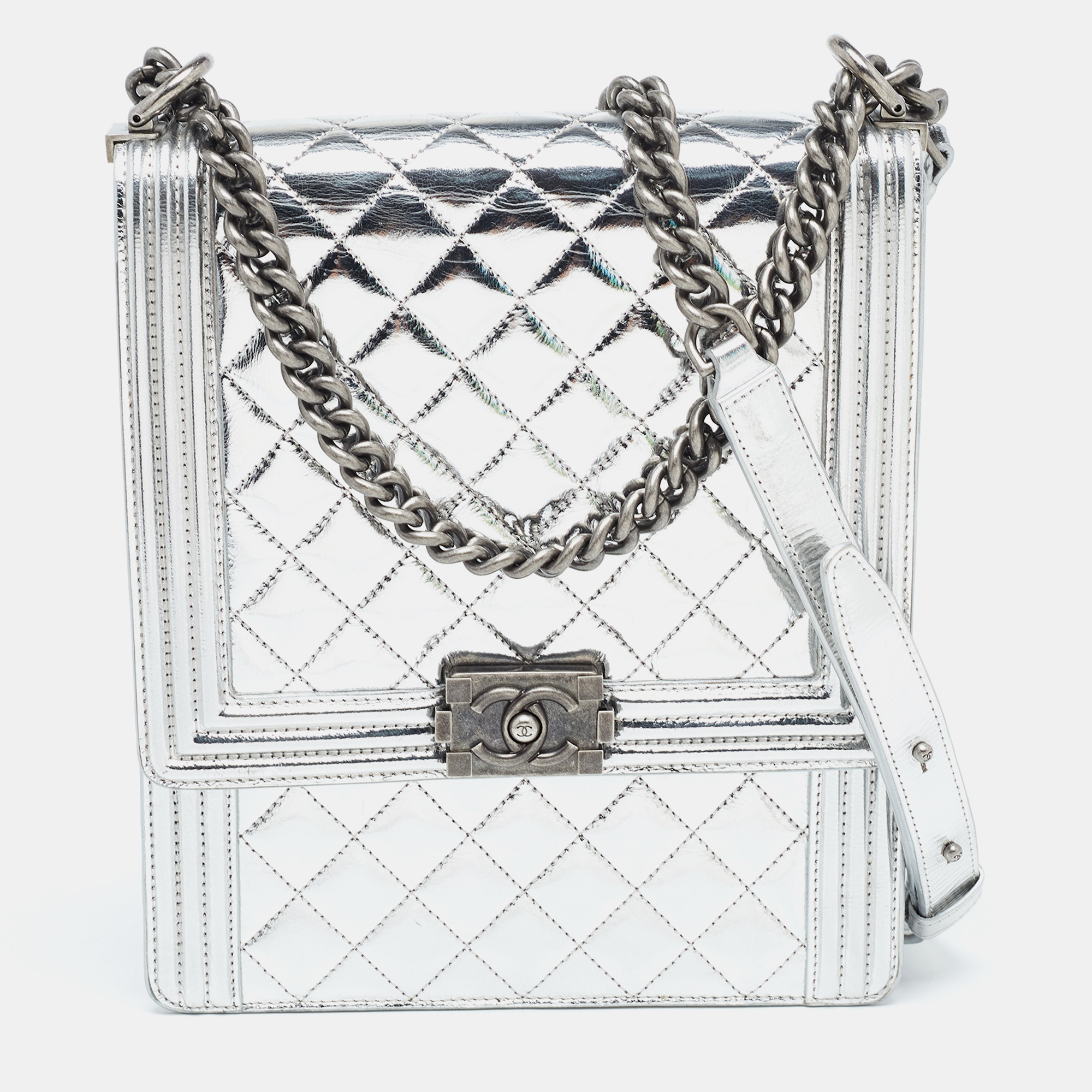 Pre-owned Chanel Silver Quilted Leather North South Boy Flap Bag