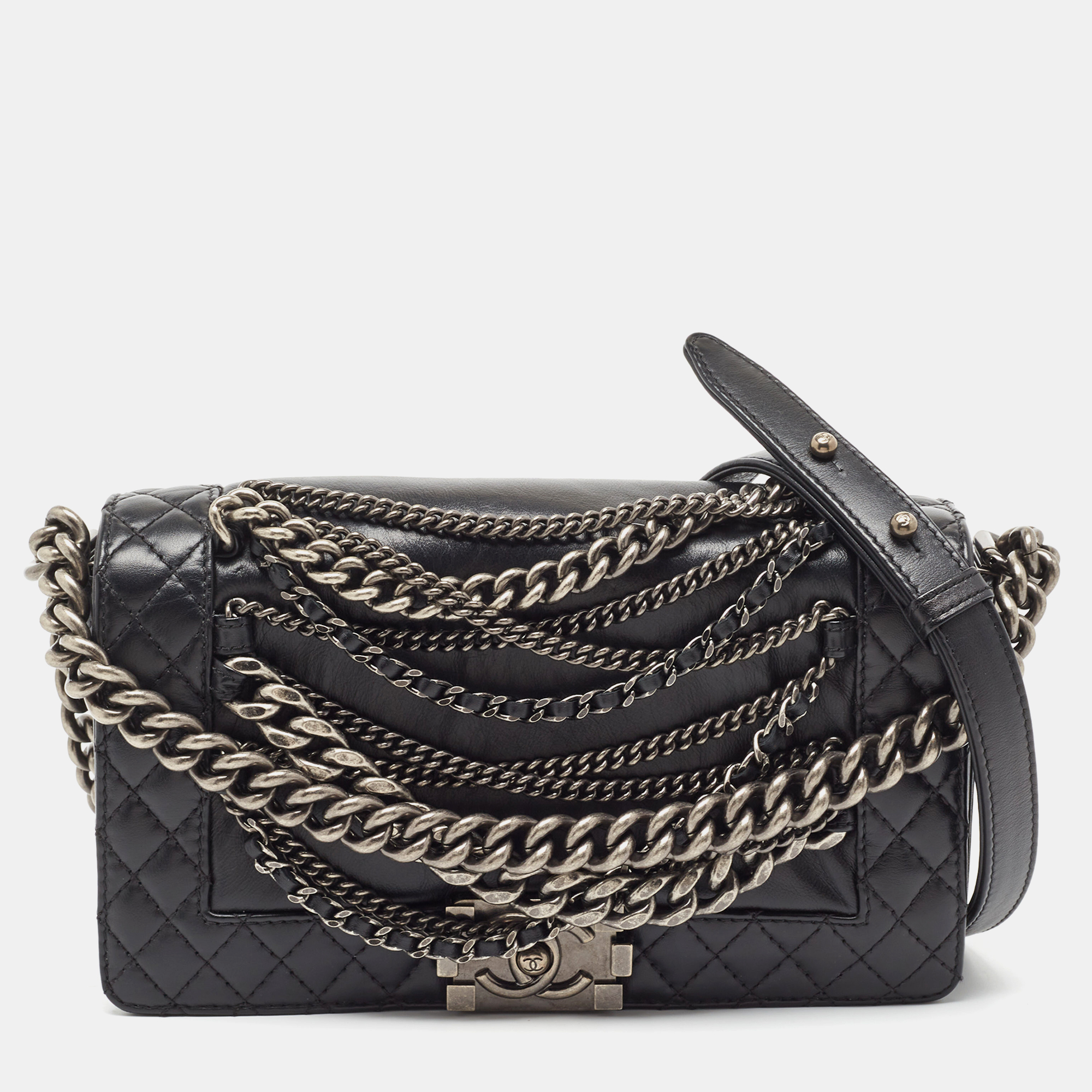 

Chanel Black Leather  Enchained Boy Flap Bag