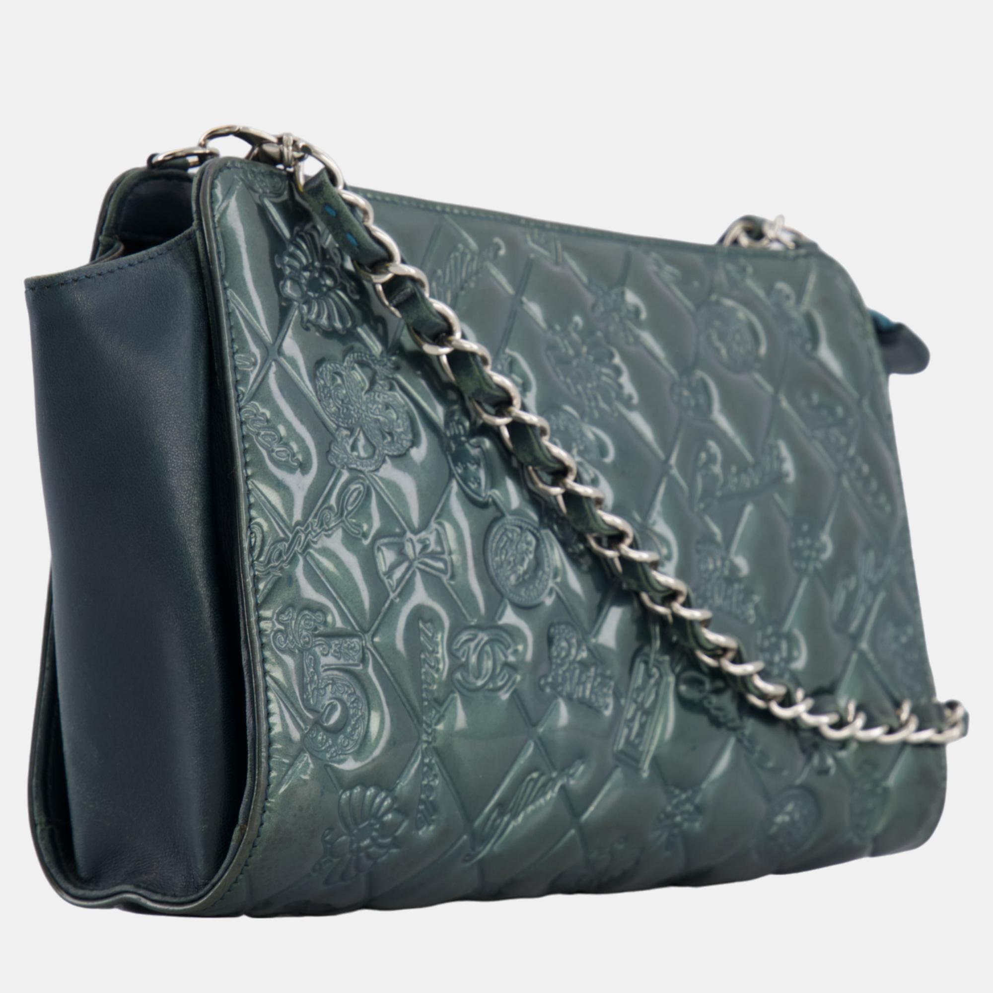 

Chanel Teal Blue Metallic Patent Leather Small Mademoiselle Bag with Silver Hardware