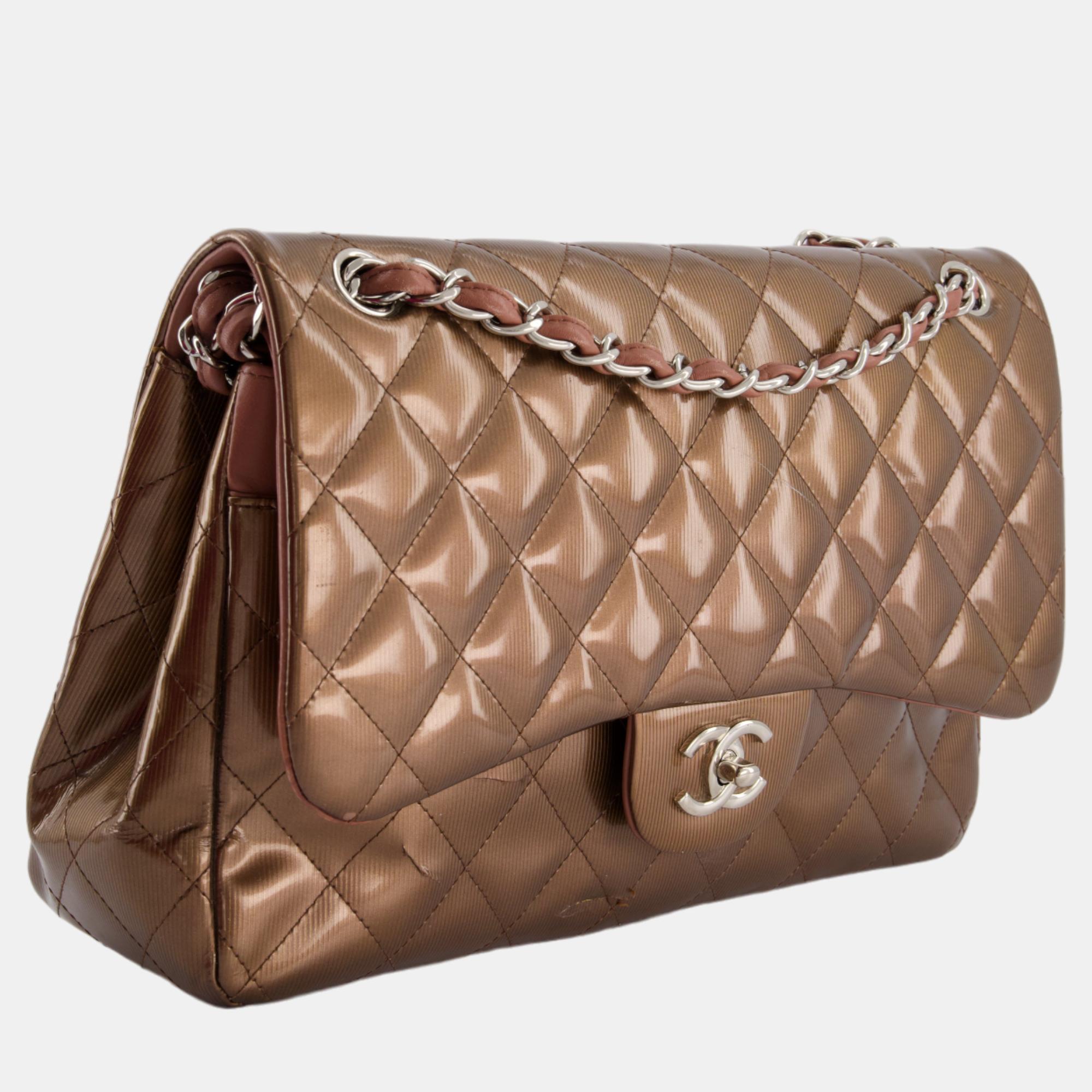 

Chanel Bronze Patent Classic Jumbo Double Flap Bag with Silver Hardware, Brown