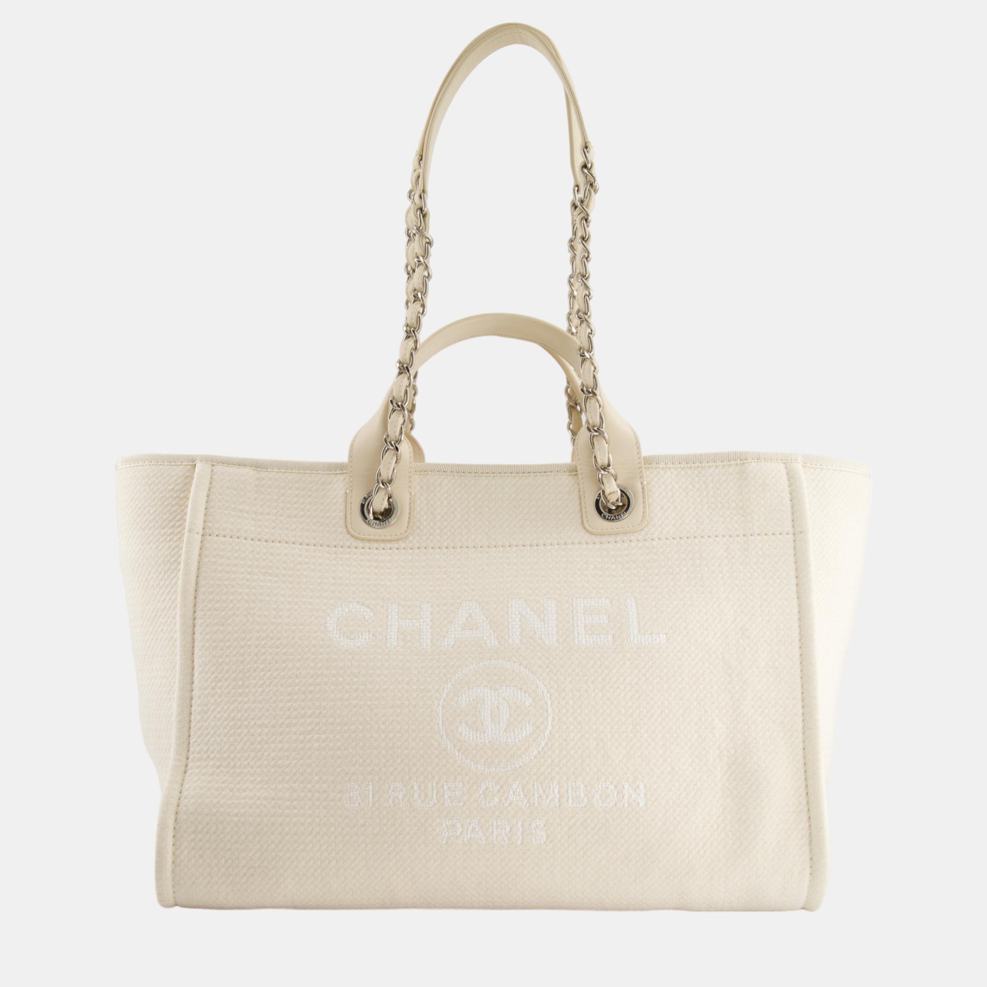 

Chanel Large Cream Canvas Deauville Tote Bag with Silver Hardware