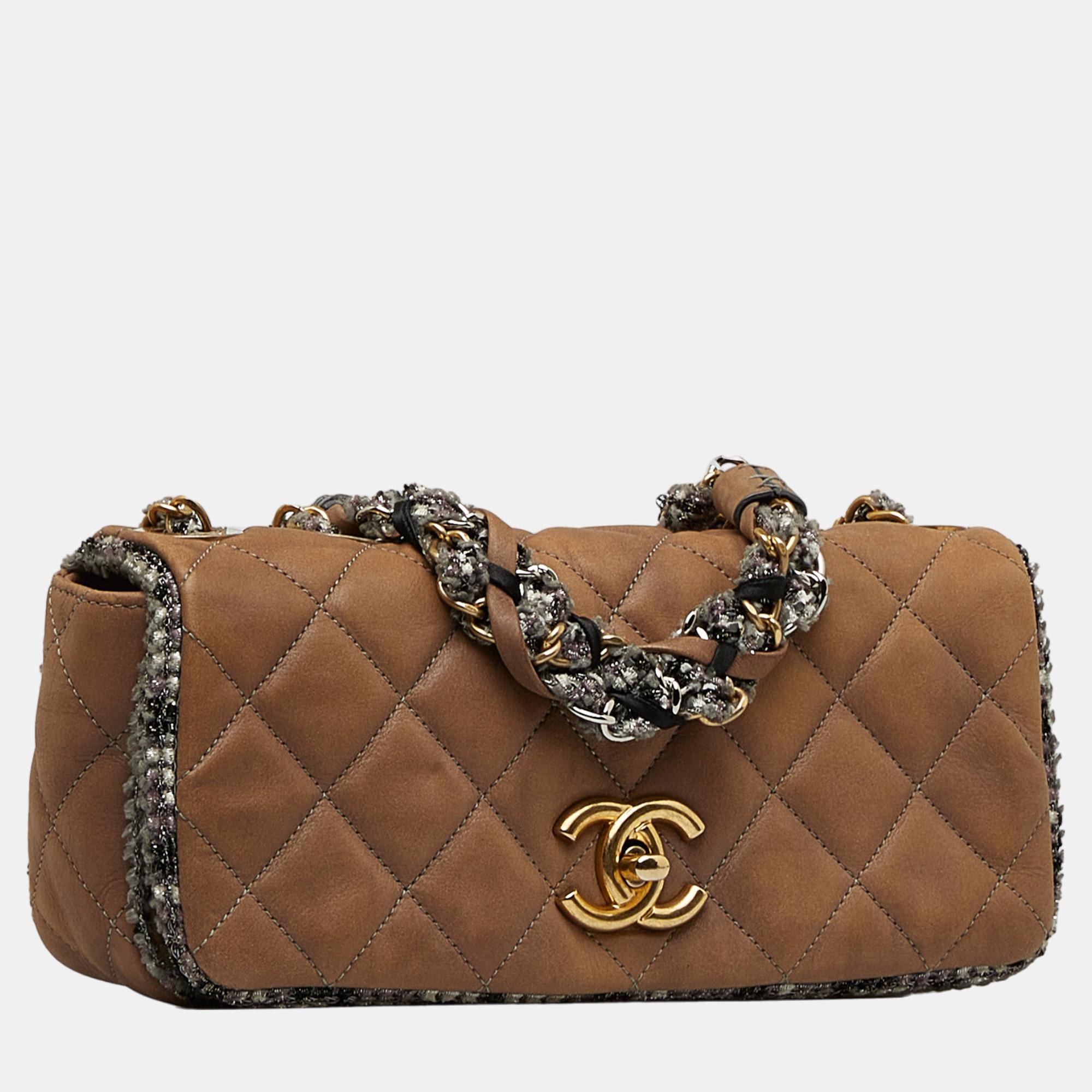 

Chanel Brown Small Quilted Lambskin and Tweed Chain Flap