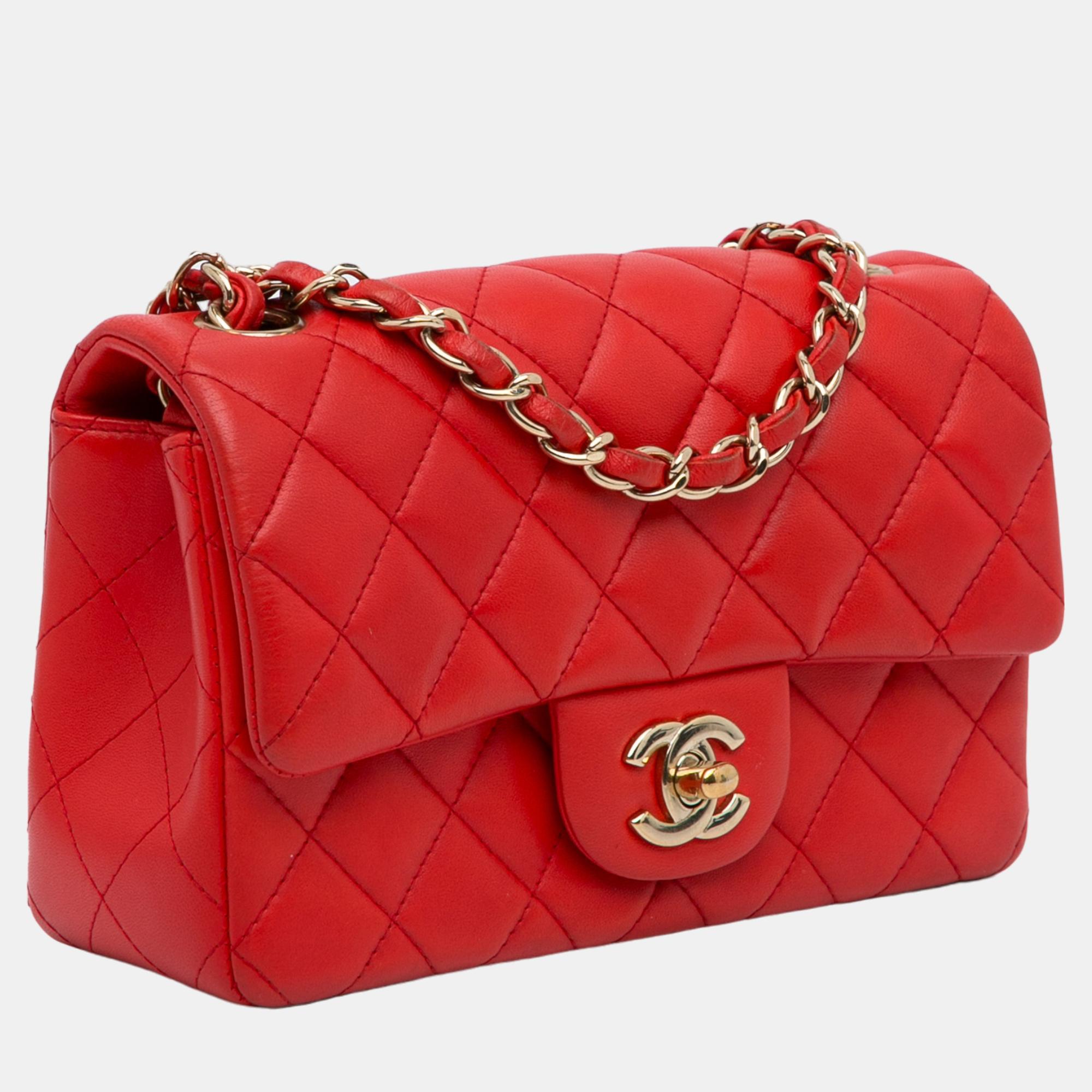 

Chanel Red Mini Classic Lambskin Rectangular Single Flap