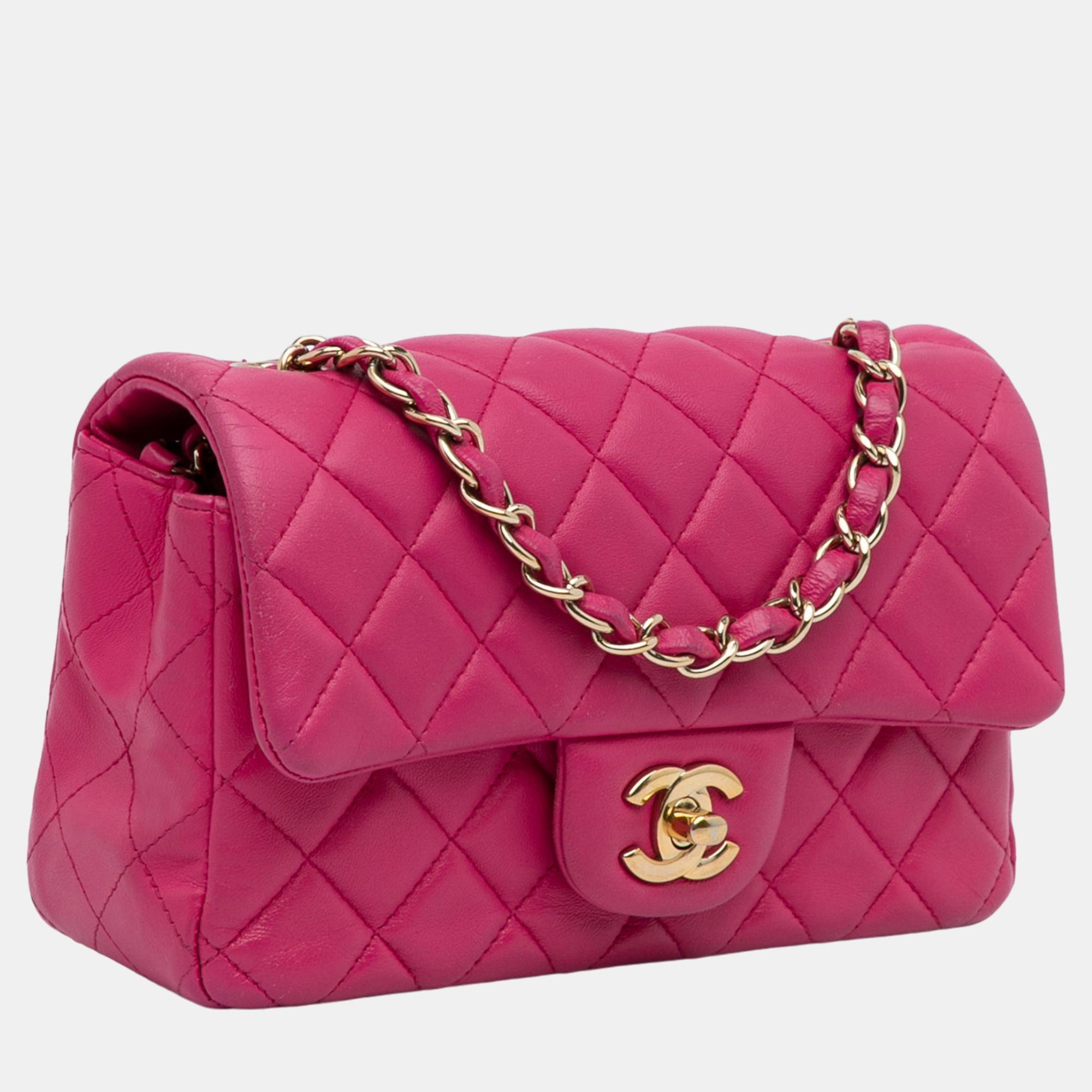 

Chanel Pink Mini Classic Lambskin Rectangular Single Flap