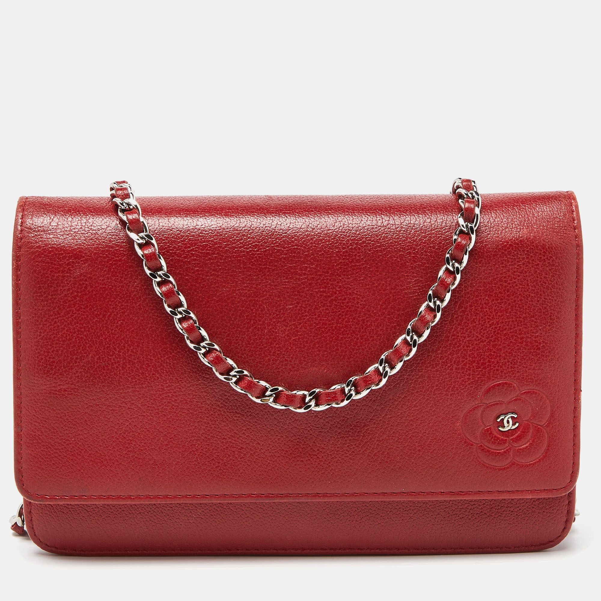 Pre-owned Chanel Red Leather Camellia Wallet On Chain