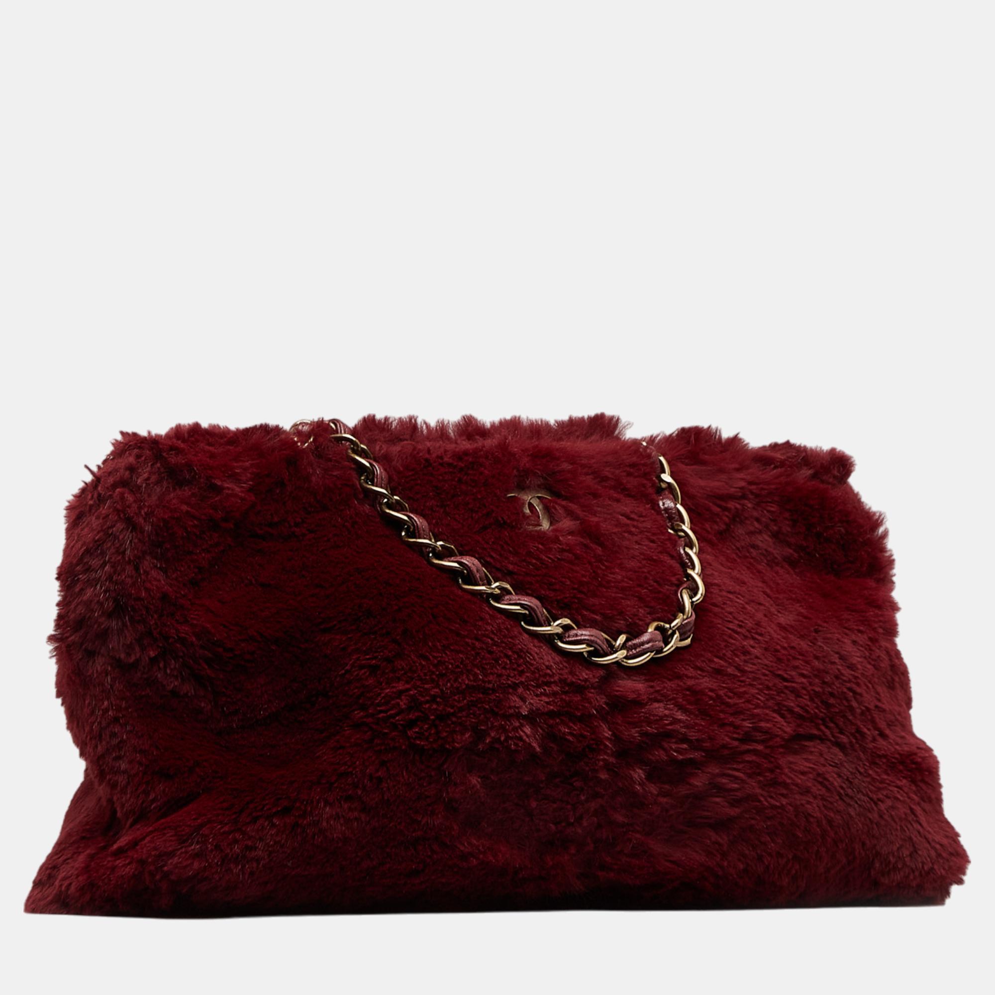 

Chanel Red CC Fur Chain Tote Bag