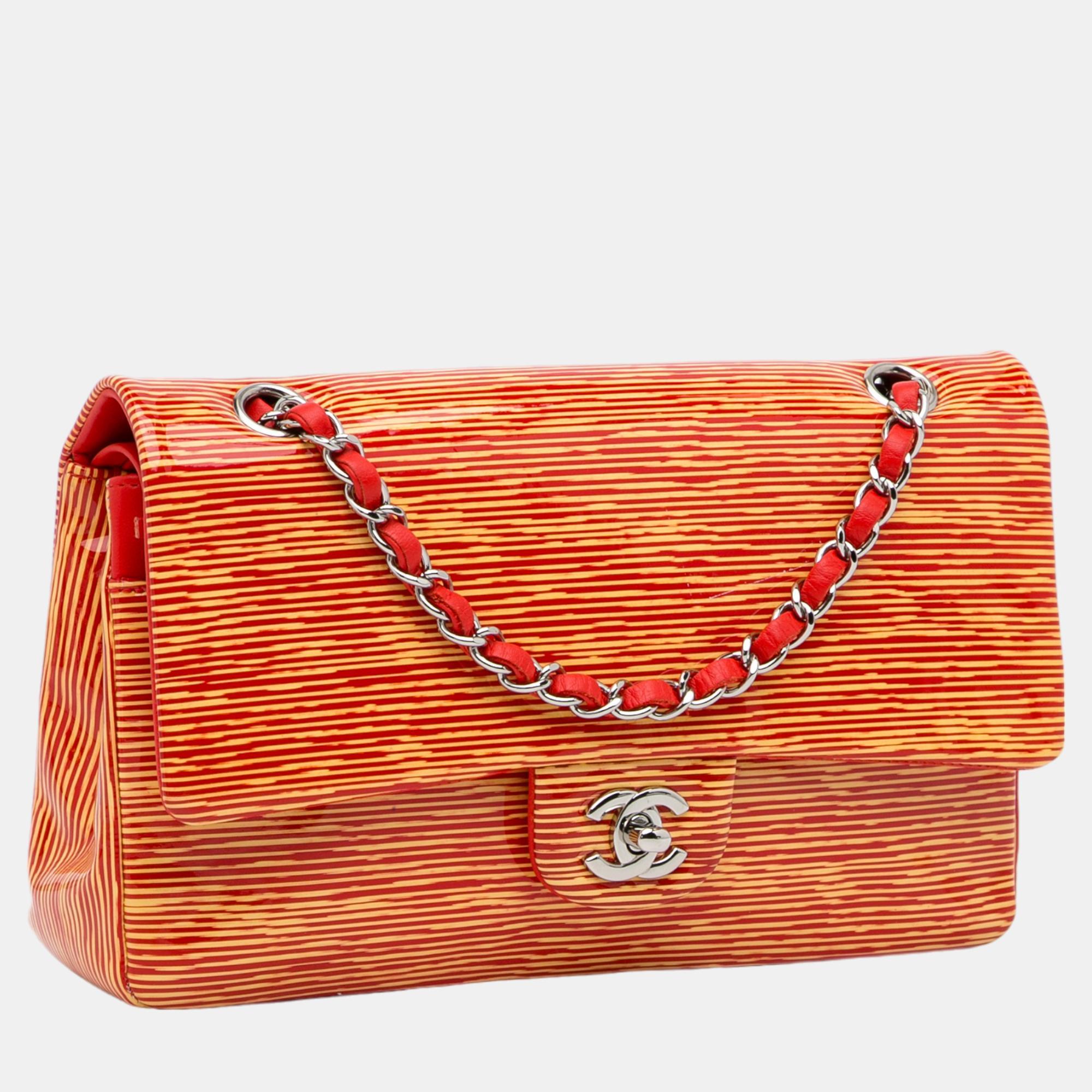 

Chanel Orange Medium Classic Striped Patent Double Flap