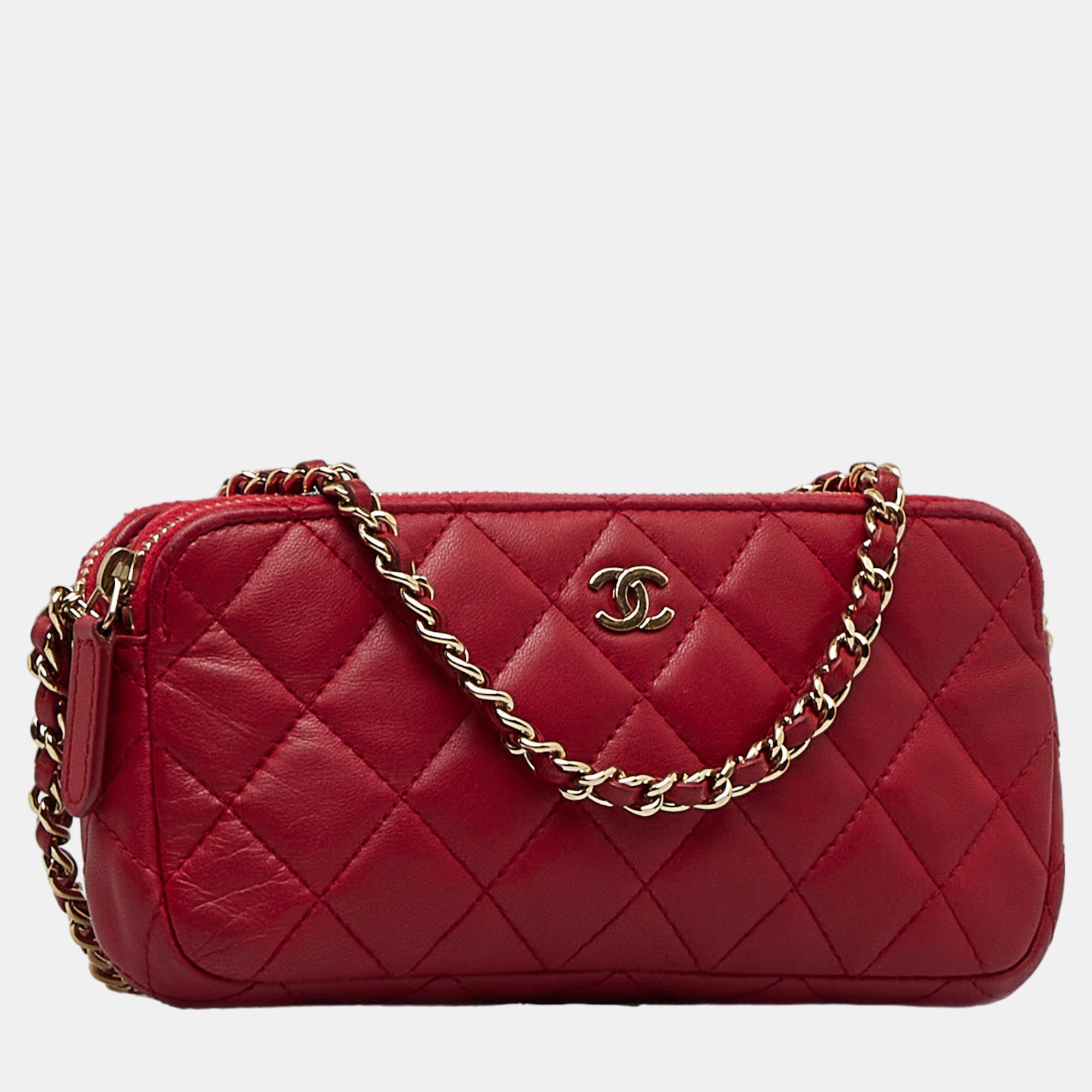 

Chanel Red CC Double Zip Wallet on Chain