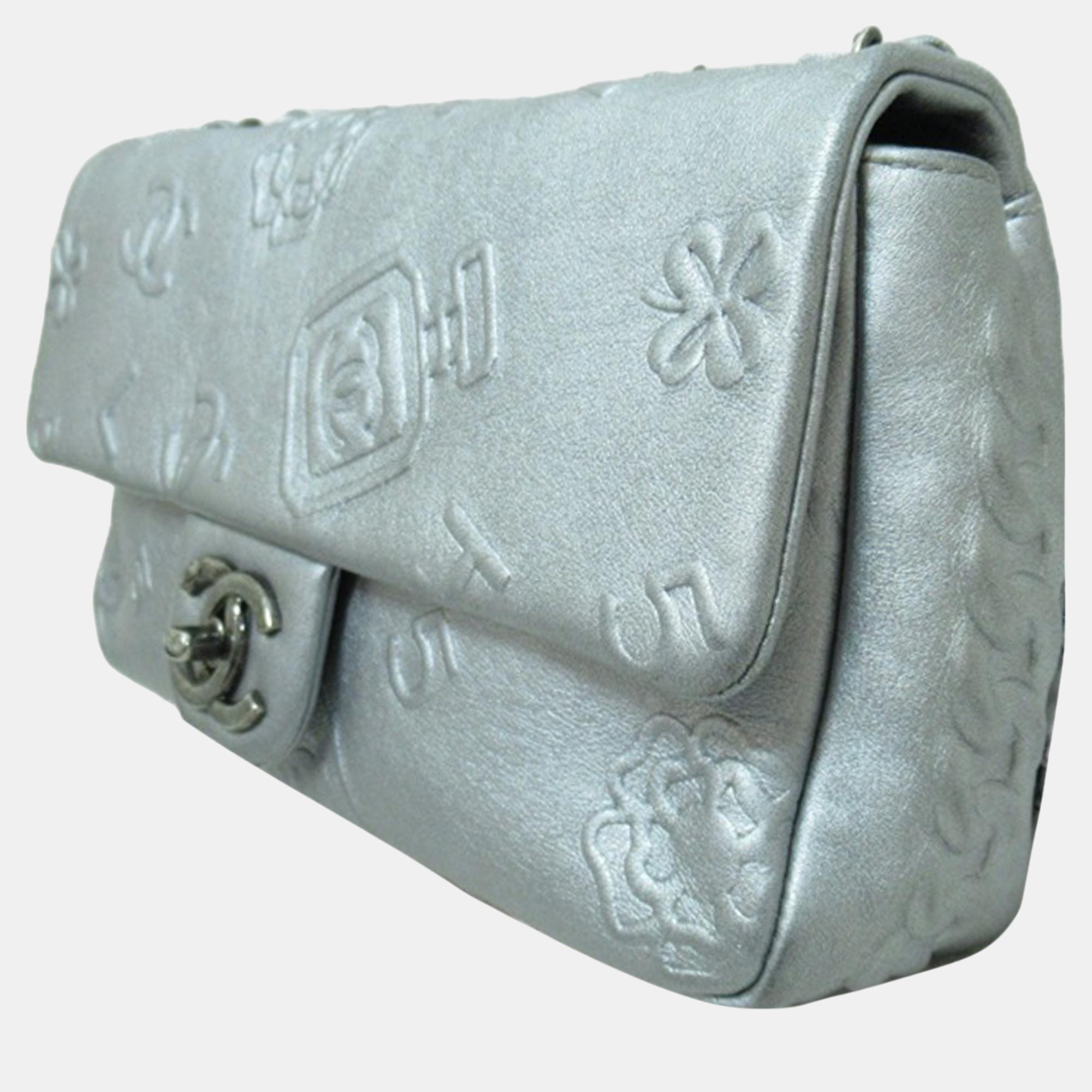 

Chanel Silver Jumbo Lucky Charms Embroidered Classic Single Flap