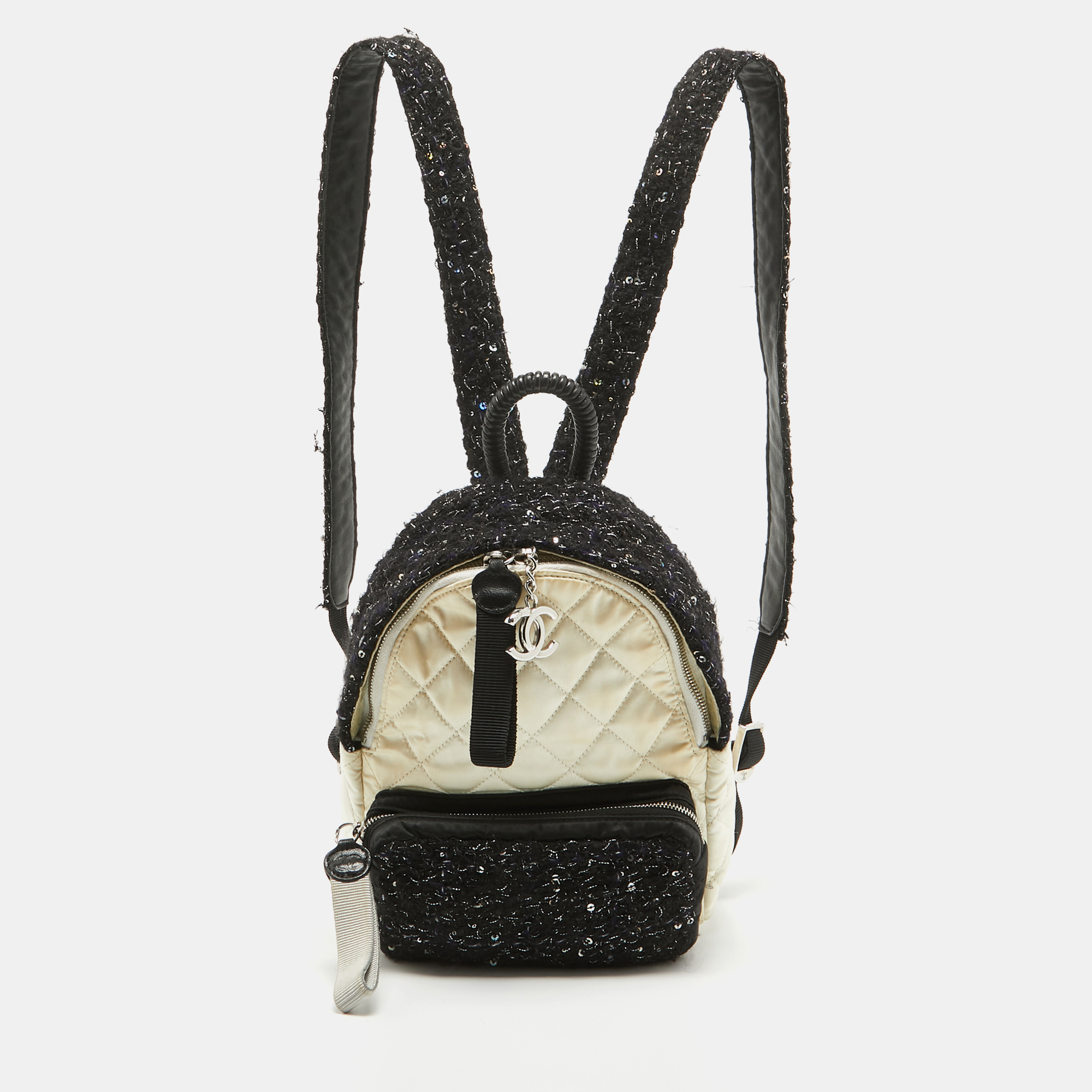 Pre-owned Chanel Black/off White Quilted Satin And Tweed Sequins Mini Backpack