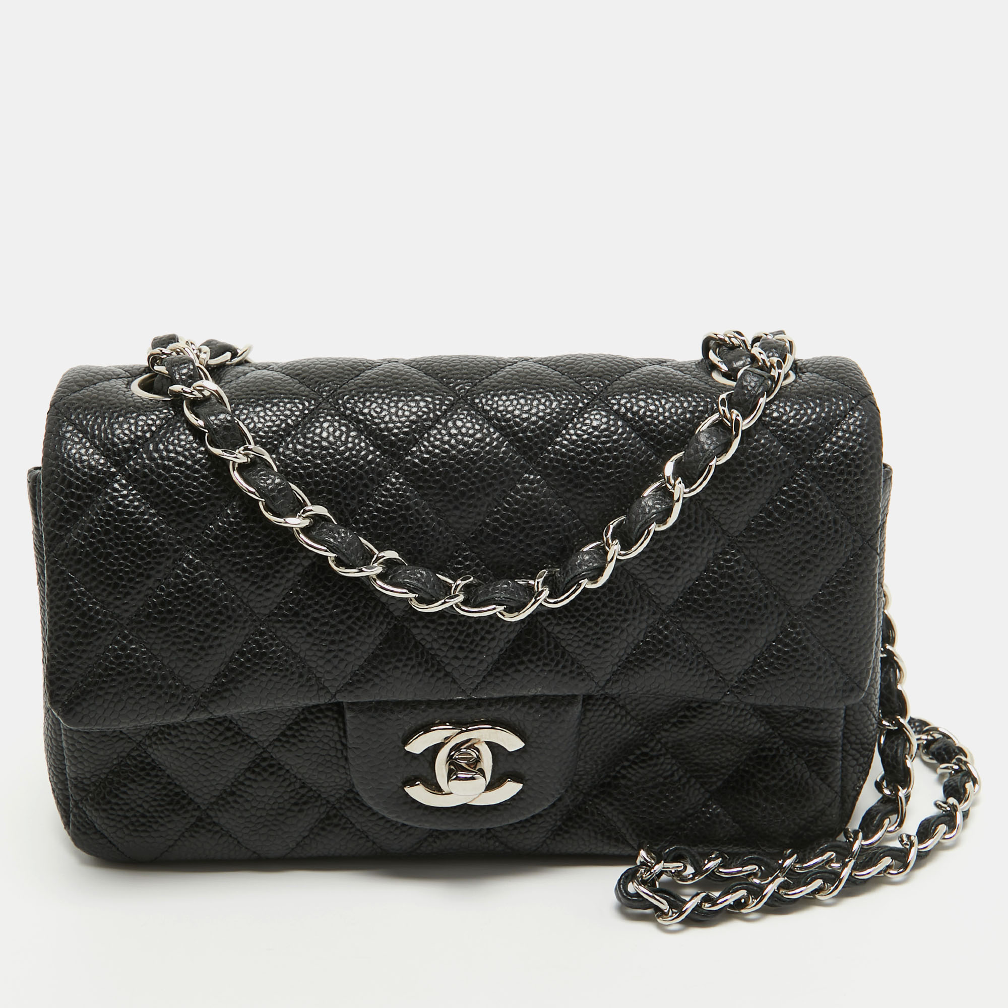 Pre Owned Chanel Black Quilted Caviar Leather New Mini Classic Single Flap Bag