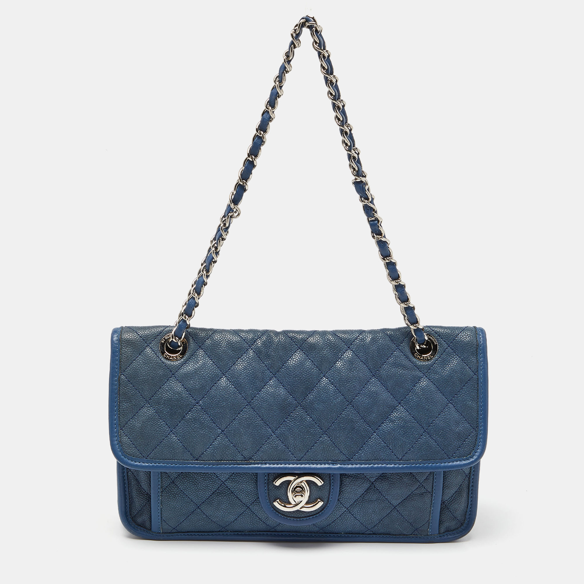 Pre-owned Chanel Blue Quilted Caviar Leather Cc French Riviera Flap Bag