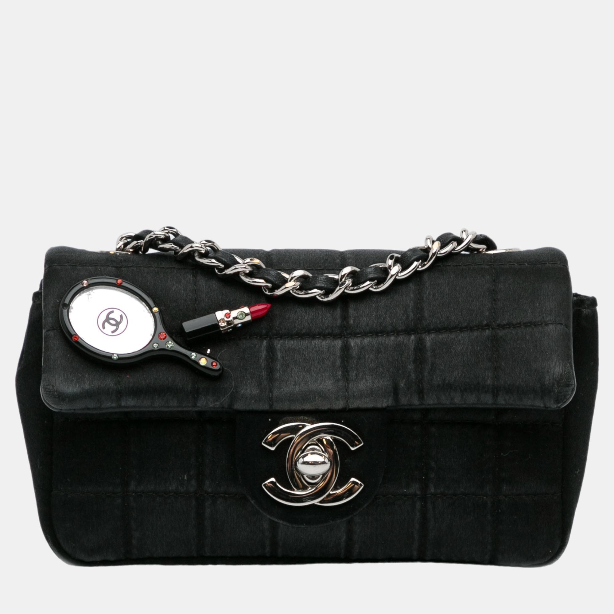 Pre-owned Chanel Black Extra Mini Satin Choco Bar Charms Flap Bag