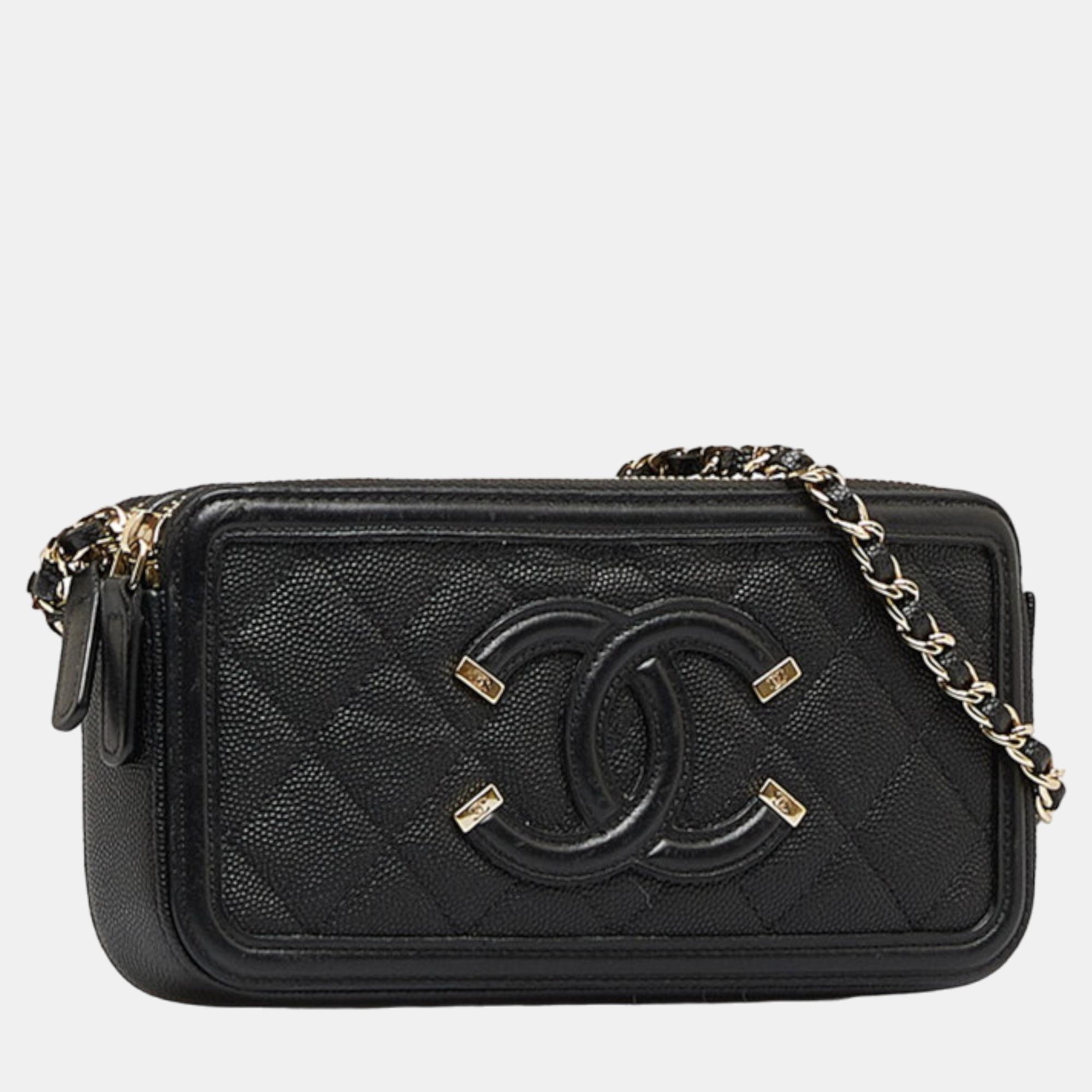 

Chanel Black Leather CC Filigree Caviar Chain Wallet Bag Crossbody Bag