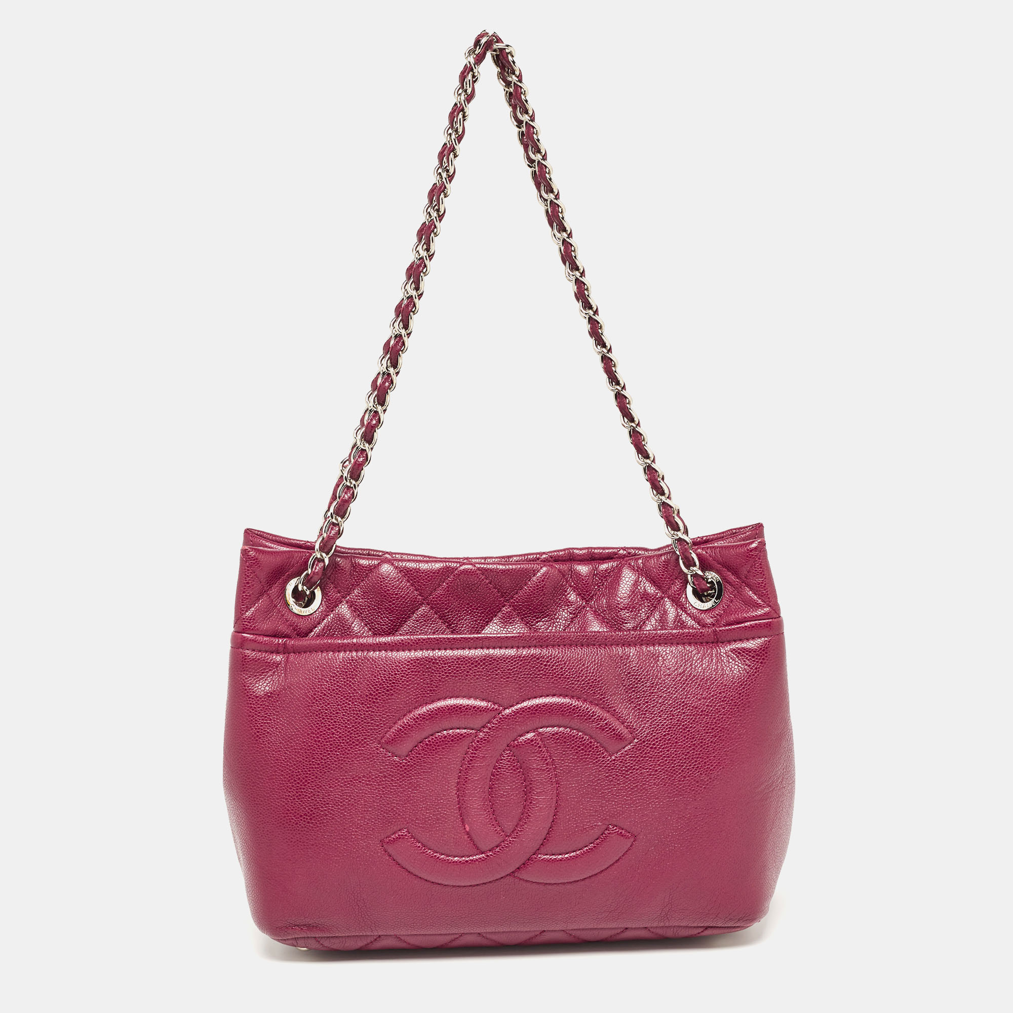 Pre-owned Chanel Dark Red Quilted Caviar Leather Cc Timeless Tote