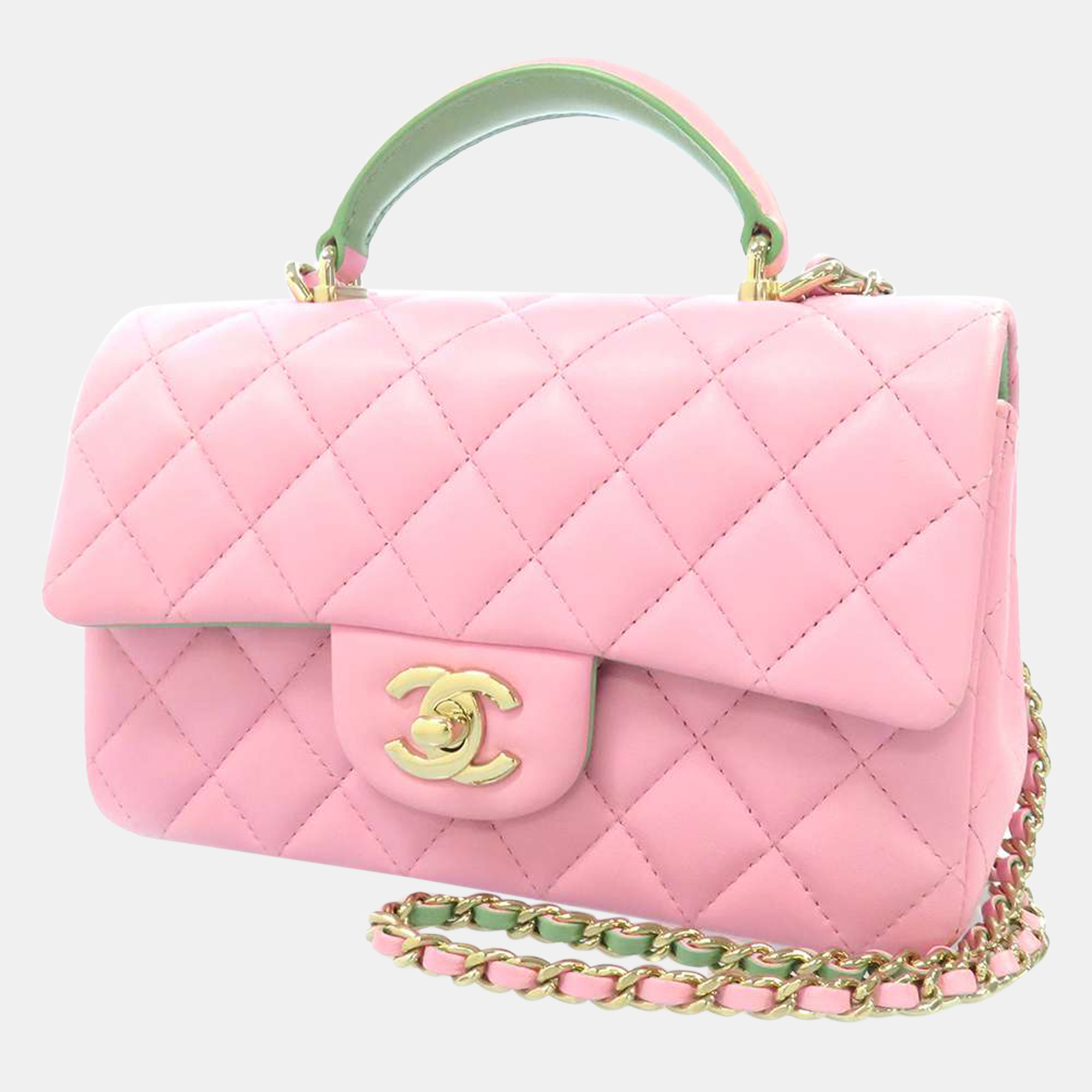 Pre-owned Chanel Pink Leather Top Handle Mini Flap Bag In Green