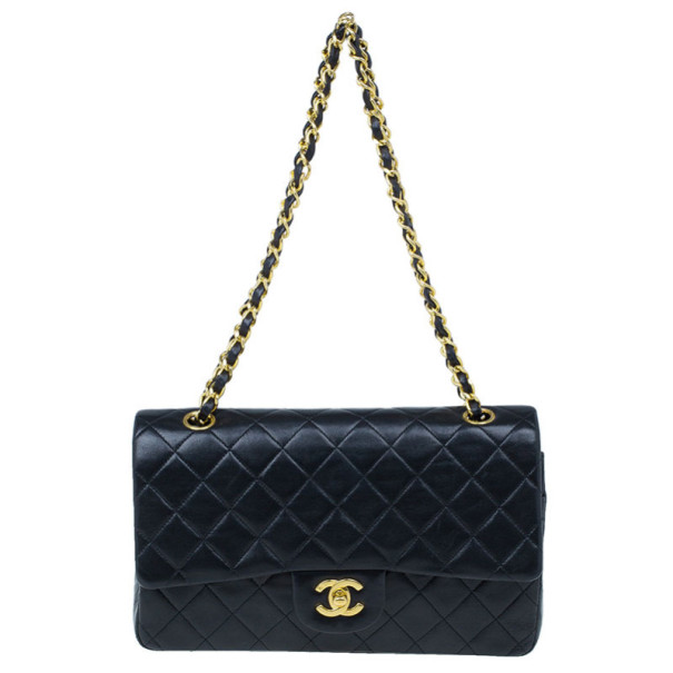 Pre Owned Chanel Black Lambskin Medium Double Flap Shoulder Bag