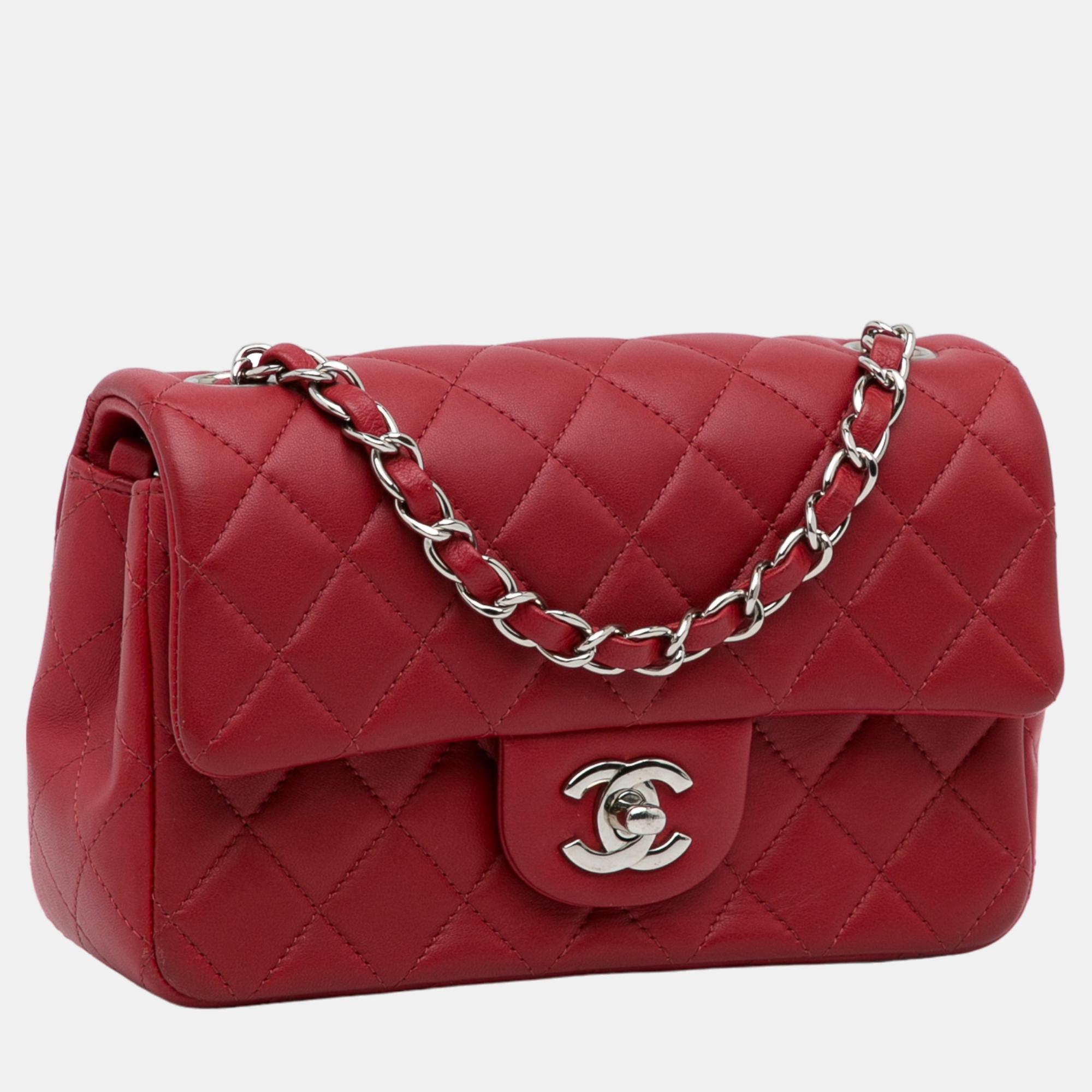 

Chanel Red Mini Classic Lambskin Rectangular Single Flap