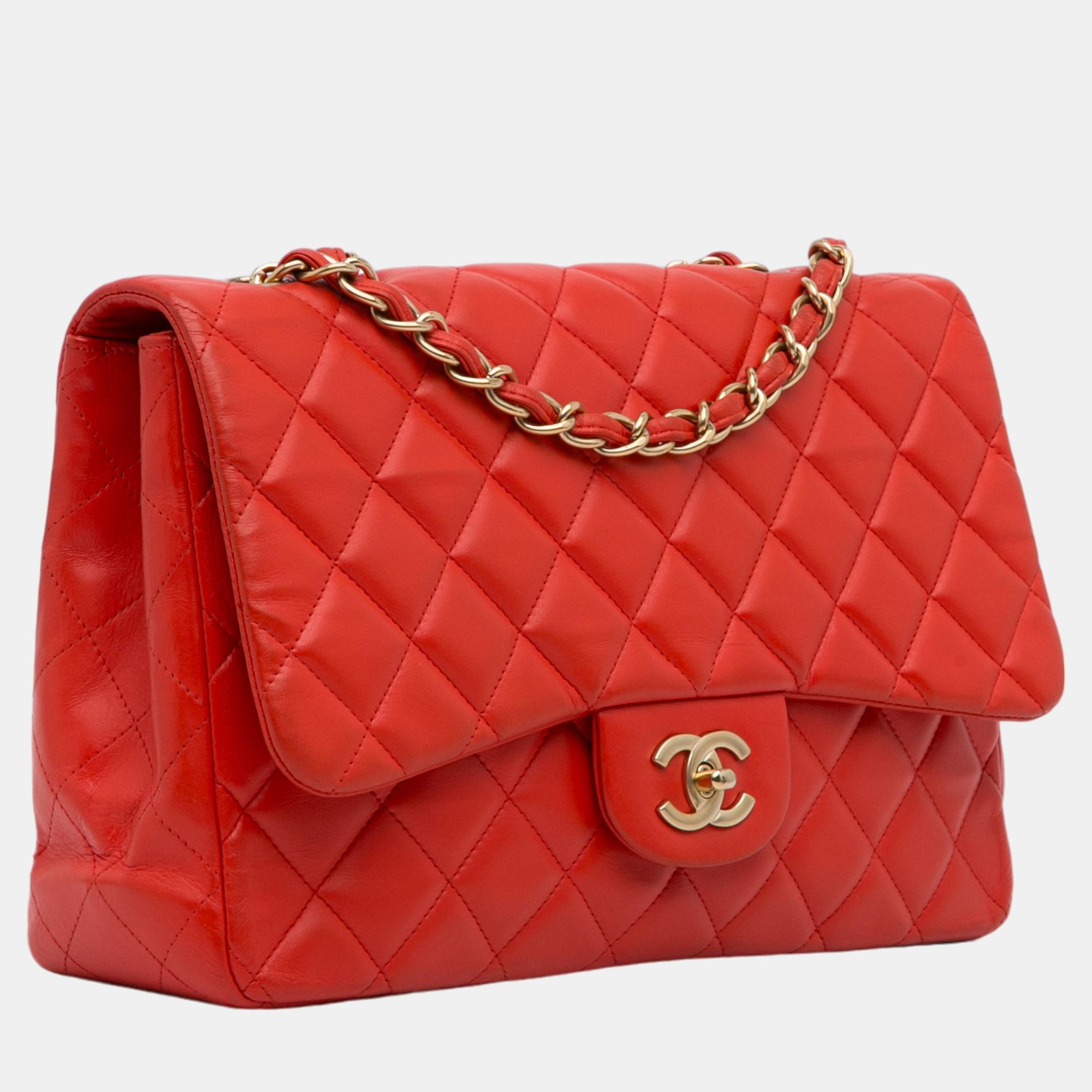 

Chanel Red Jumbo Classic Lambskin Single Flap