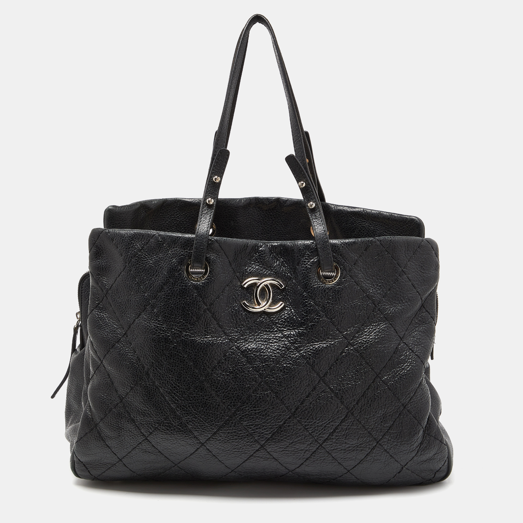 Pre Owned Chanel Black Quilted Glazed Leather Large On the Road Tote