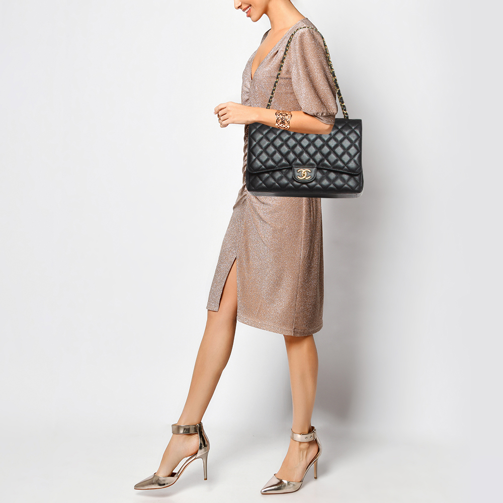

Chanel Black Quilted Caviar Leather Maxi Classic Double Flap Bag