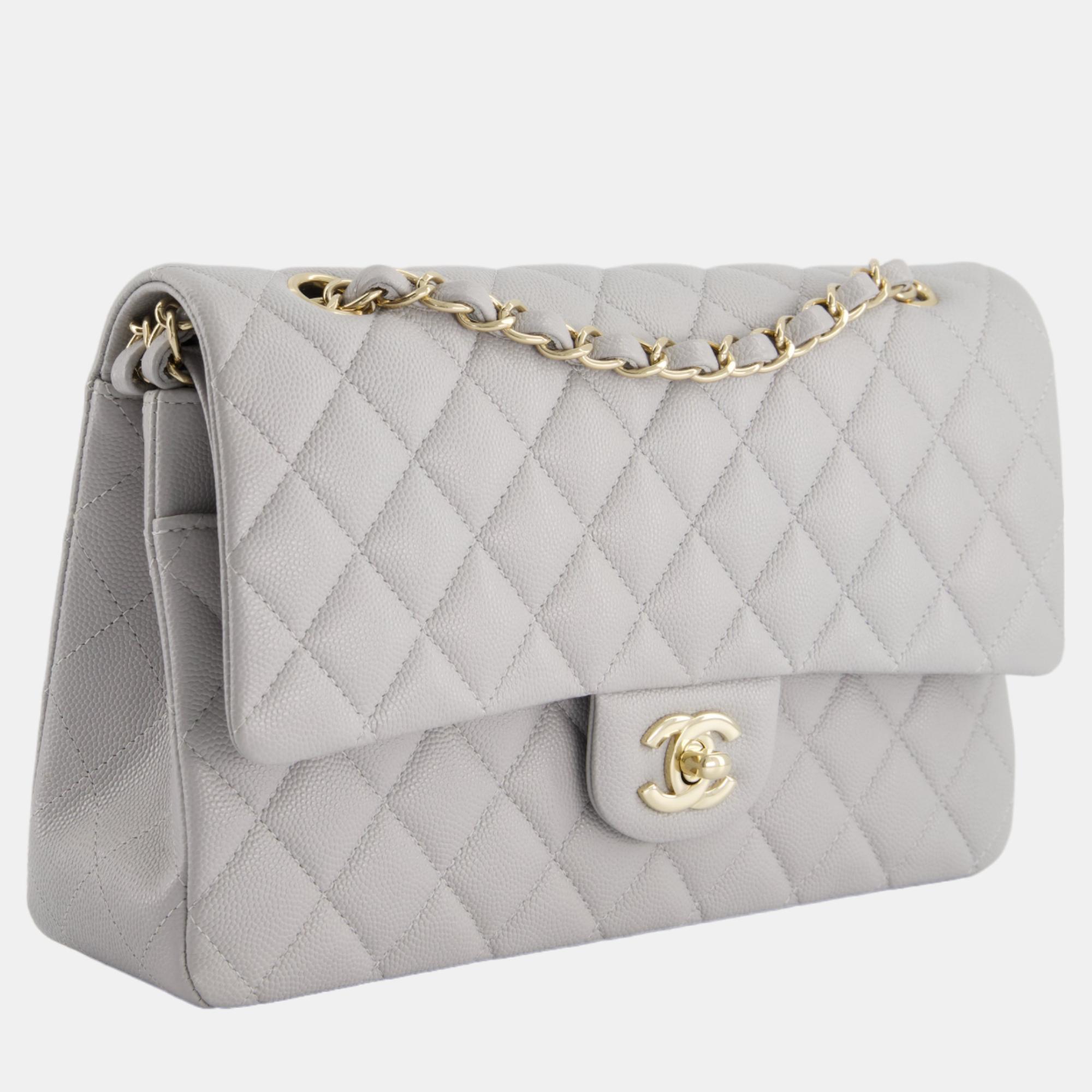 

Chanel Medium Dove Grey Classic Double Flap in Caviar Leather with Champagne Gold Hardware