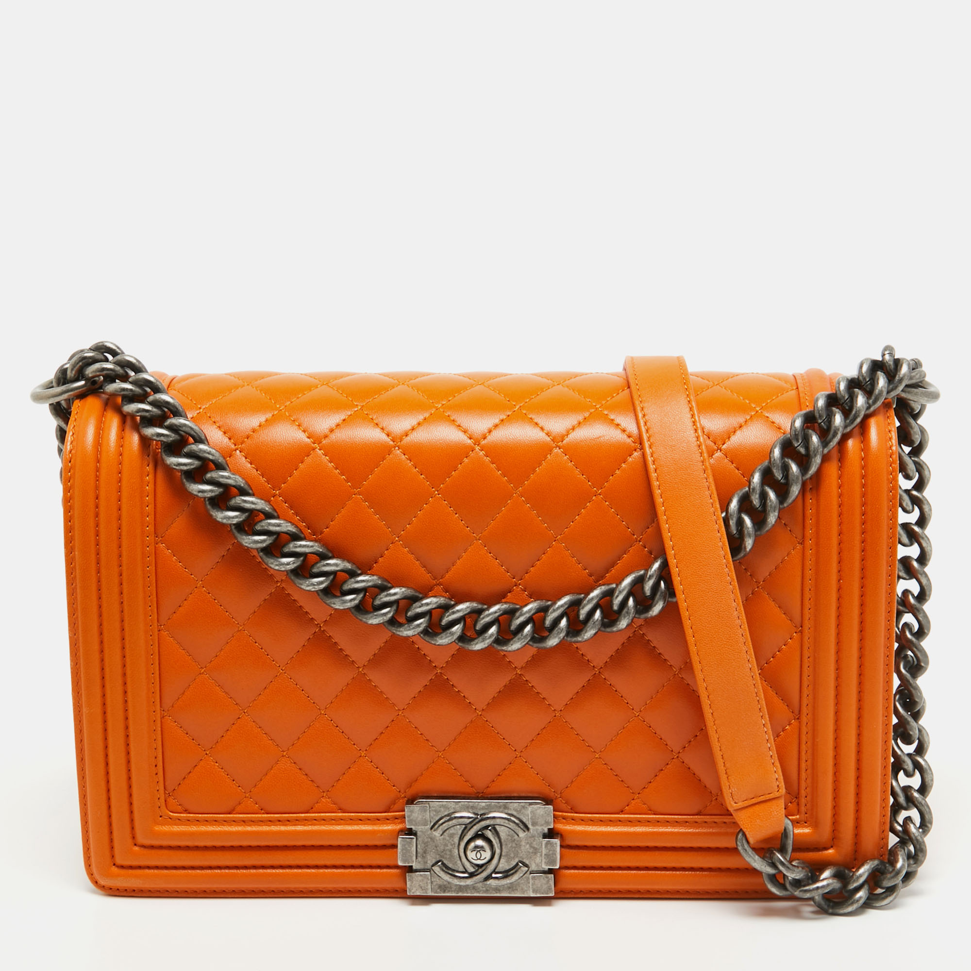 Pre-owned Chanel Orange Quilted Leather New Medium Boy Bag