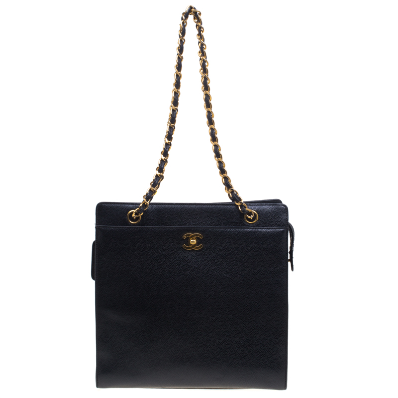 مملوكة مسبقًا Chanel Black Caviar Leather CC Vintage Shopper Tote