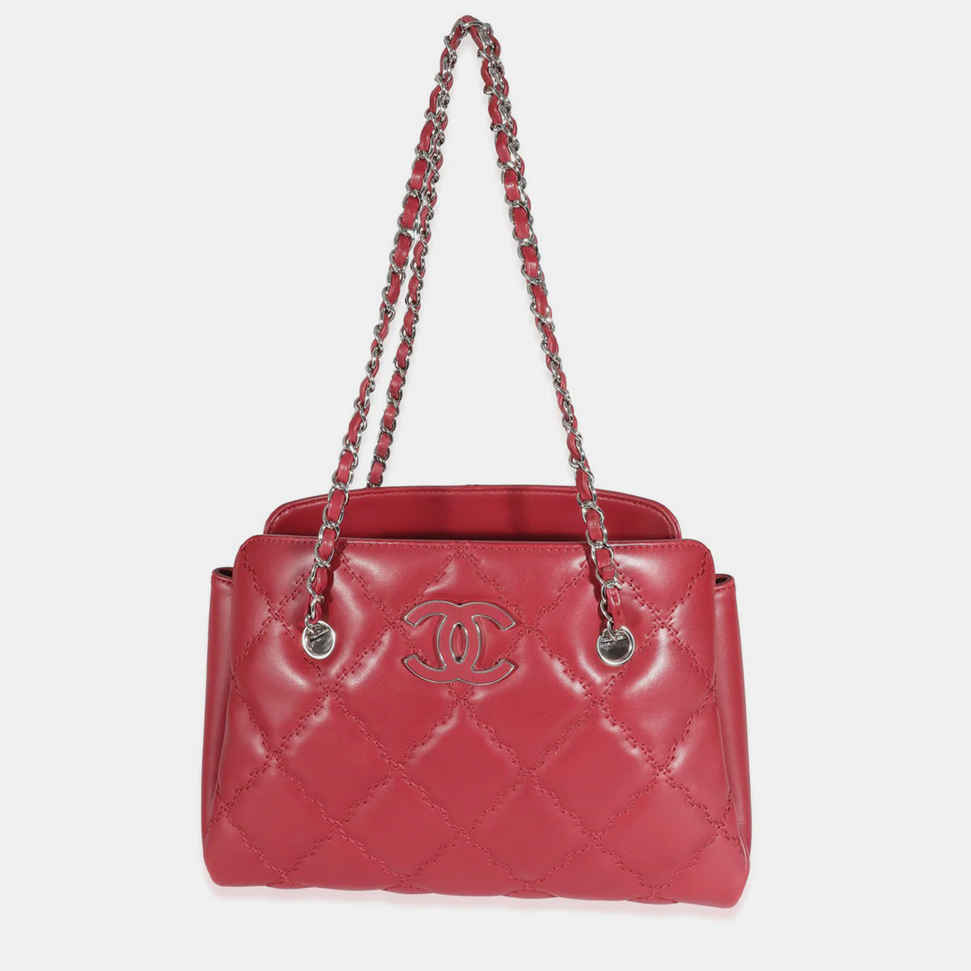 Pre-owned Chanel Red Calfskin Double Stitch Hamptons Shopping Tote
