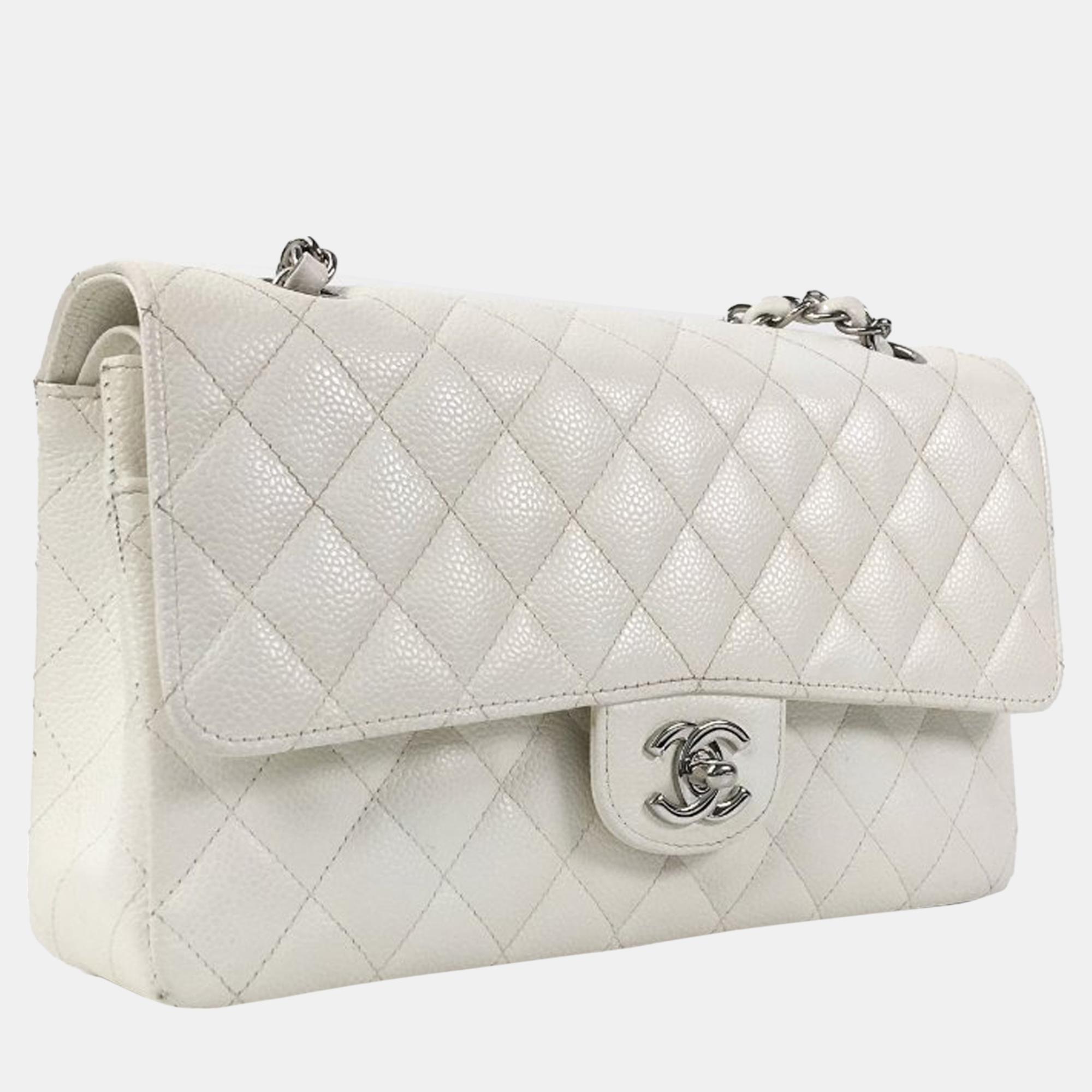 

Chanel White Medium Classic Caviar Double Flap Bag