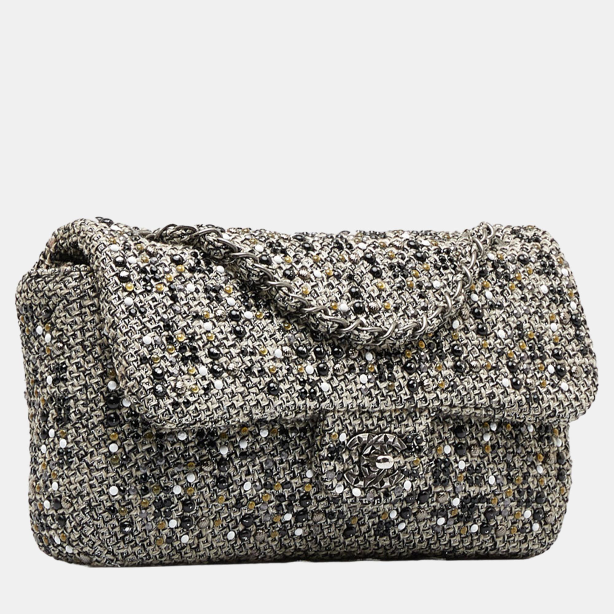 

Chanel Grey Medium Quilted Crystal Tweed Single Flap Bag