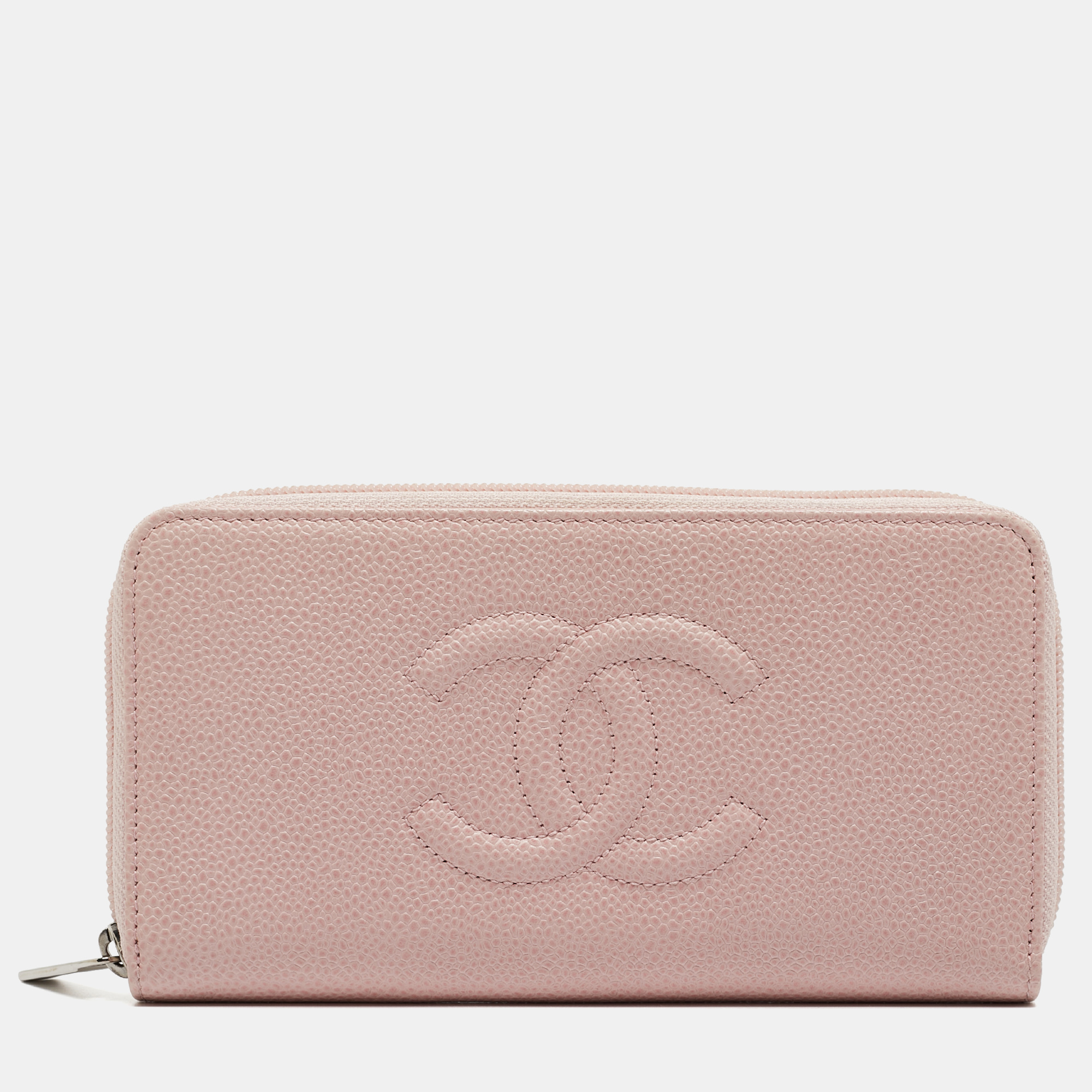 Pre-owned Chanel Pink Caviar Leather Cc Zip Around Wallet