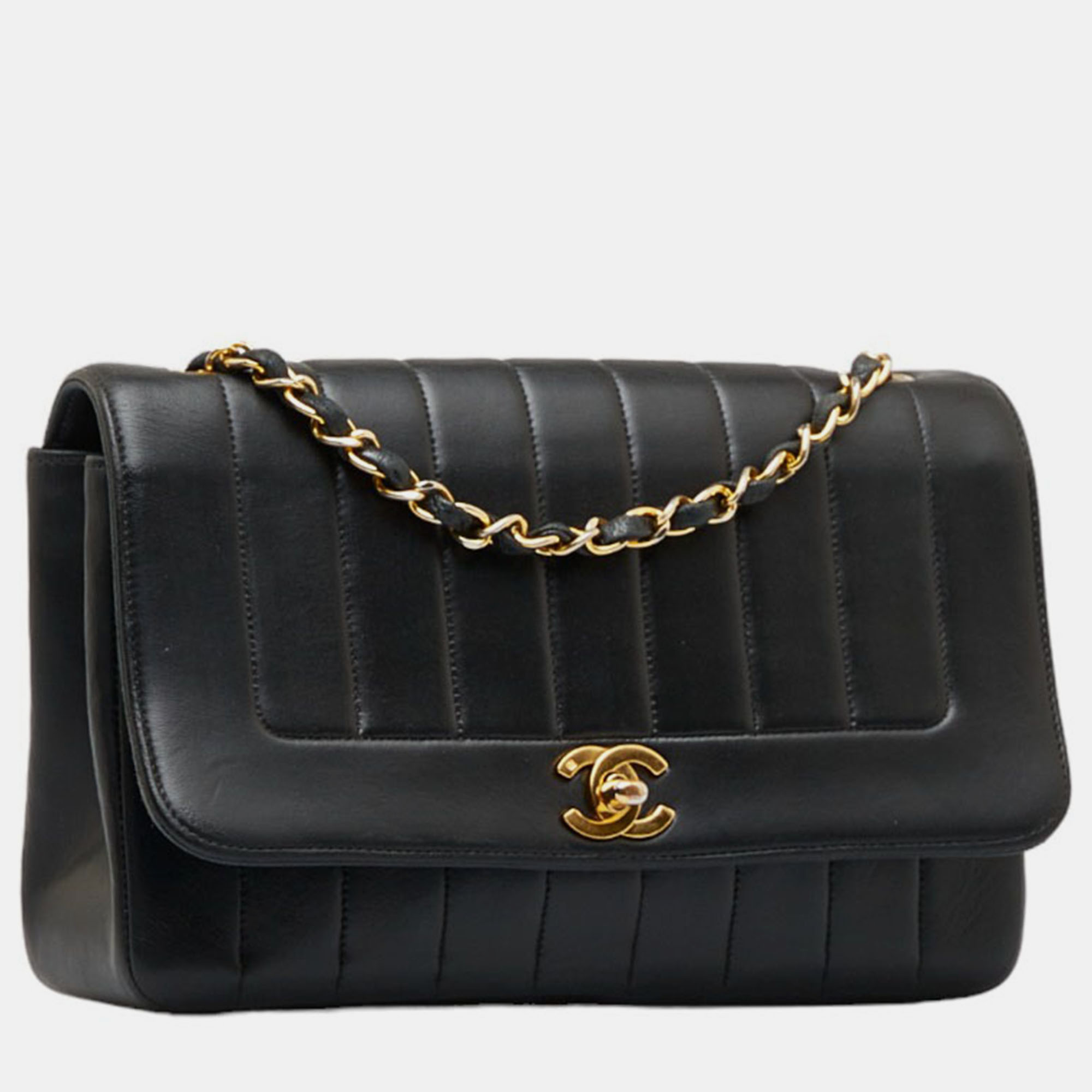 

Chanel Black Leather CC Leather Vertical Border Flap Bag